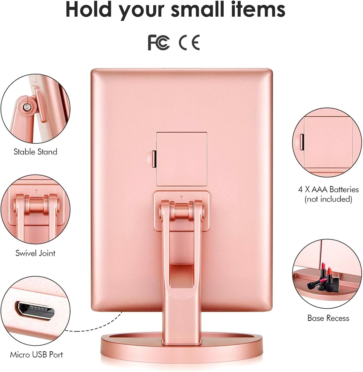 Dreifach gefalteter Kosmetikspiegel mit LED & Vergrösserung, Roségold