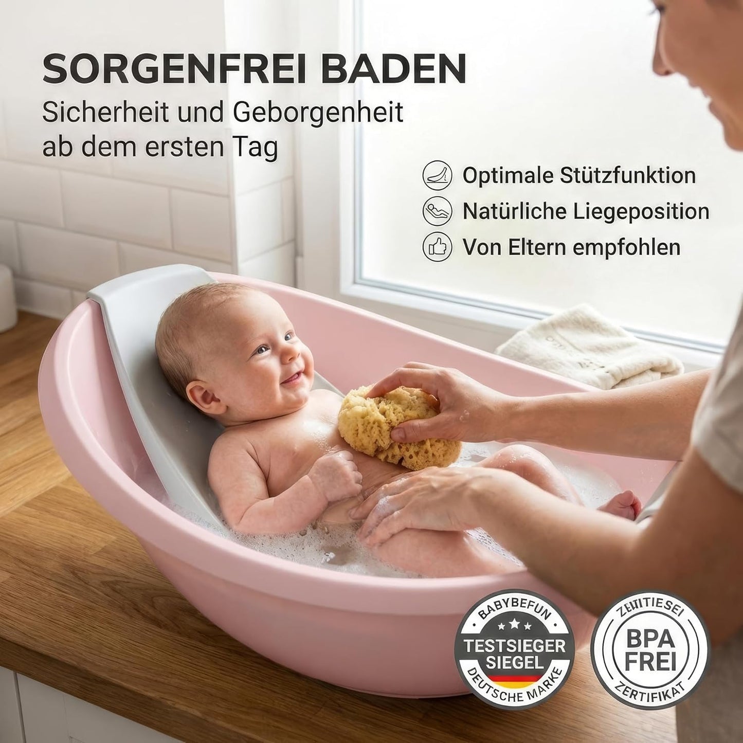 Rutschfeste Babybadewanne mit Einsatz, rosa