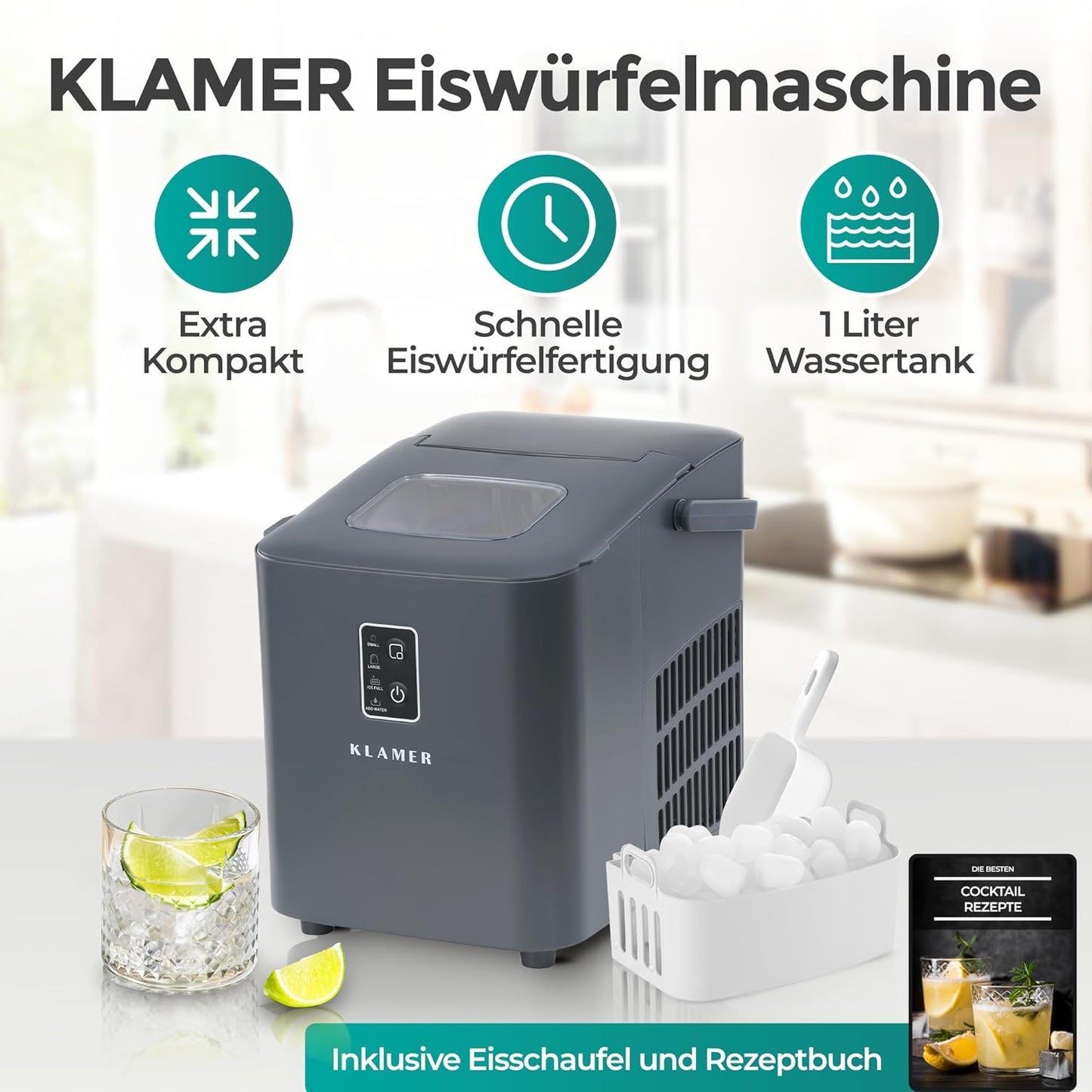 Eiswürfelmaschine, Grau 1L