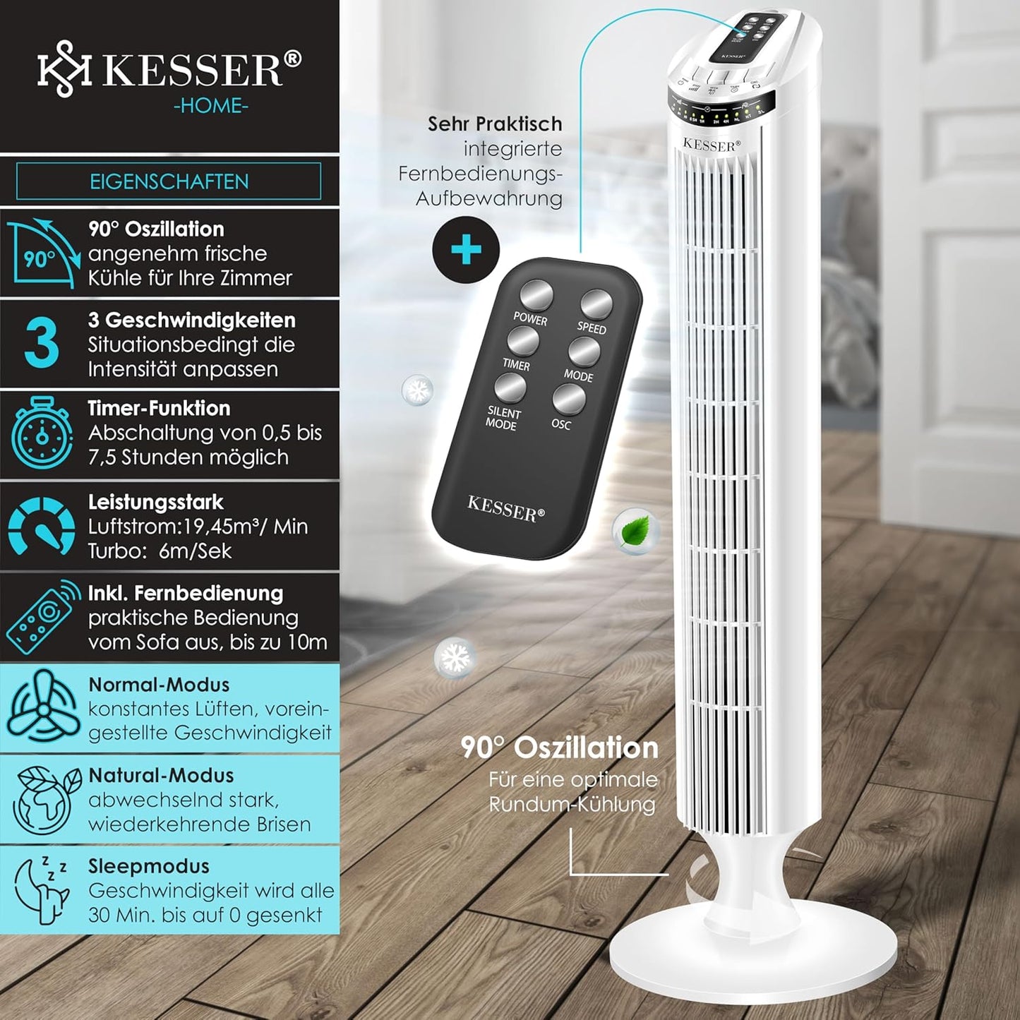 Turmventilator mit Timer und Fernbedienung, Weiss