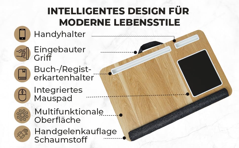 Knietablett mit Kissen & Handyhalter für Laptops, Schwarz