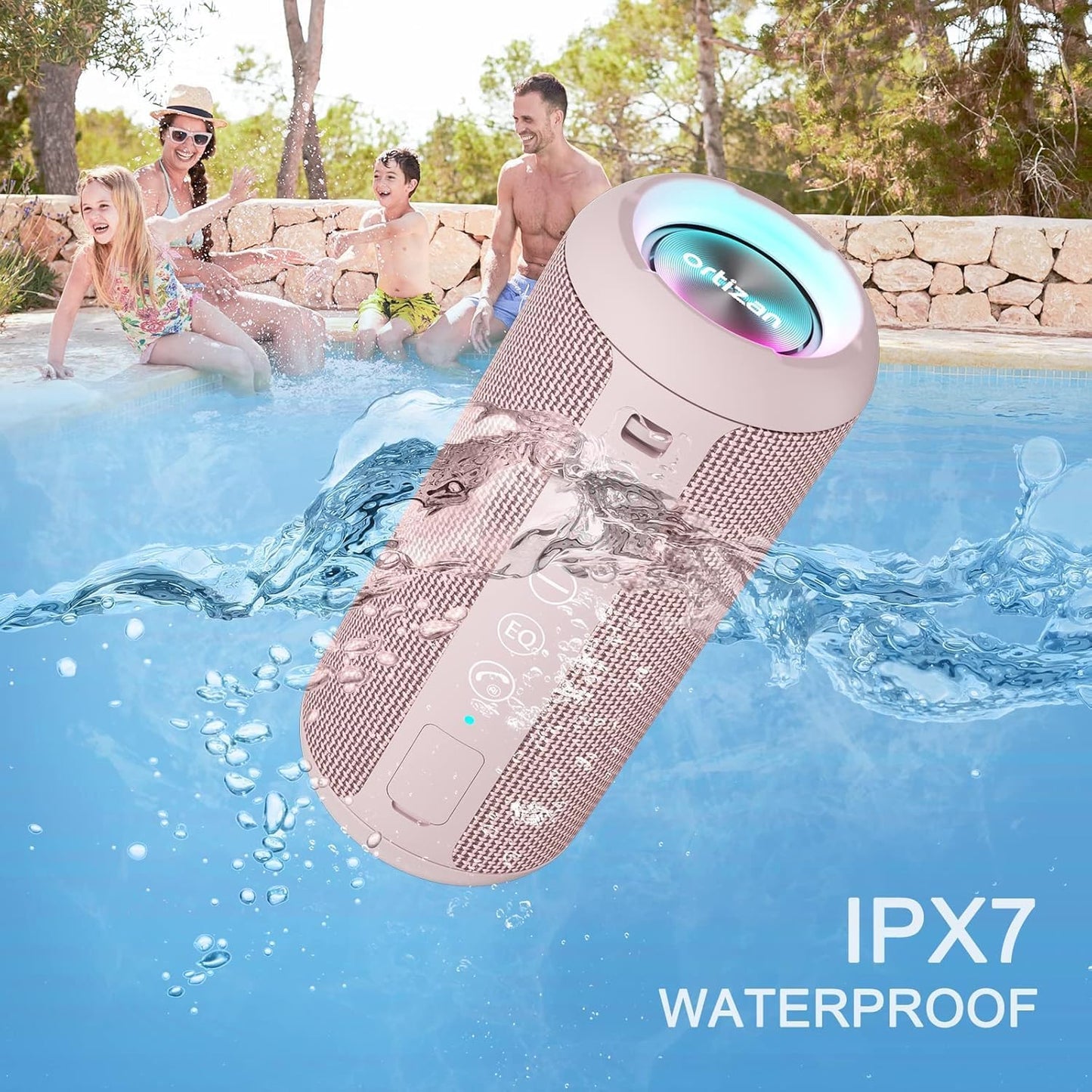Bluetooth Lautsprecher mit LED-Licht und IPX7 Schutz, ROSA