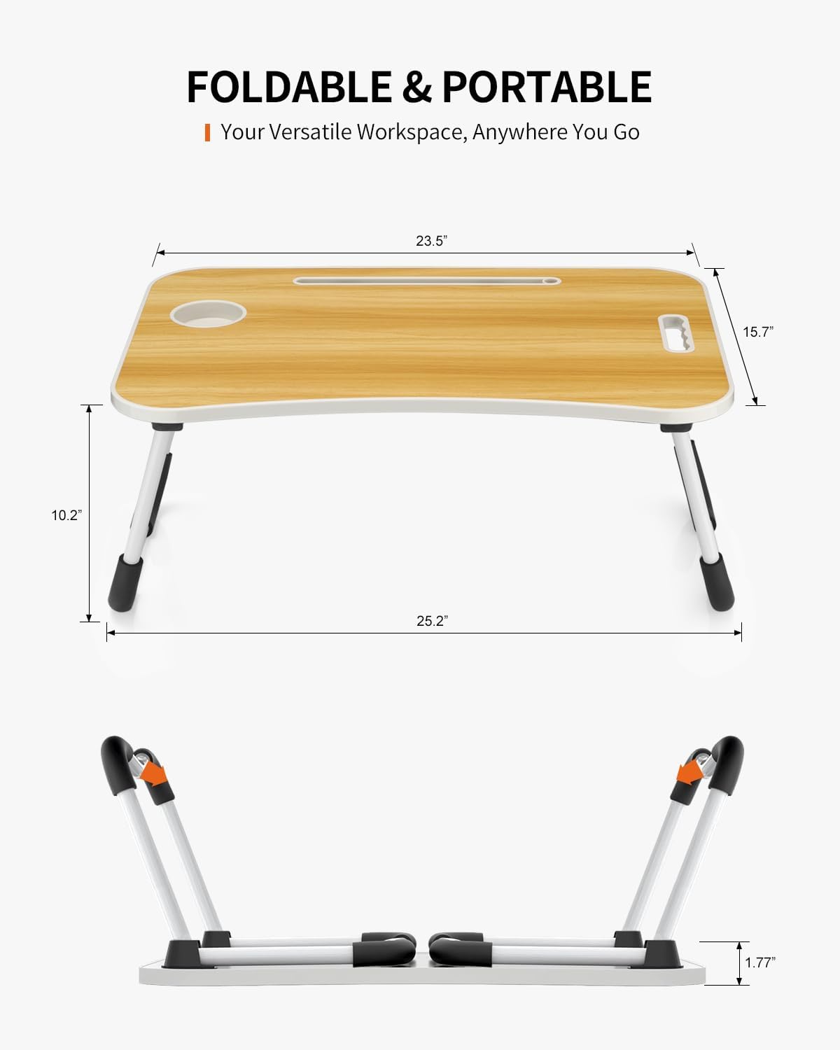 Faltbarer Laptoptisch mit Getränkehalter & Tablet-Steckplatz, Holz