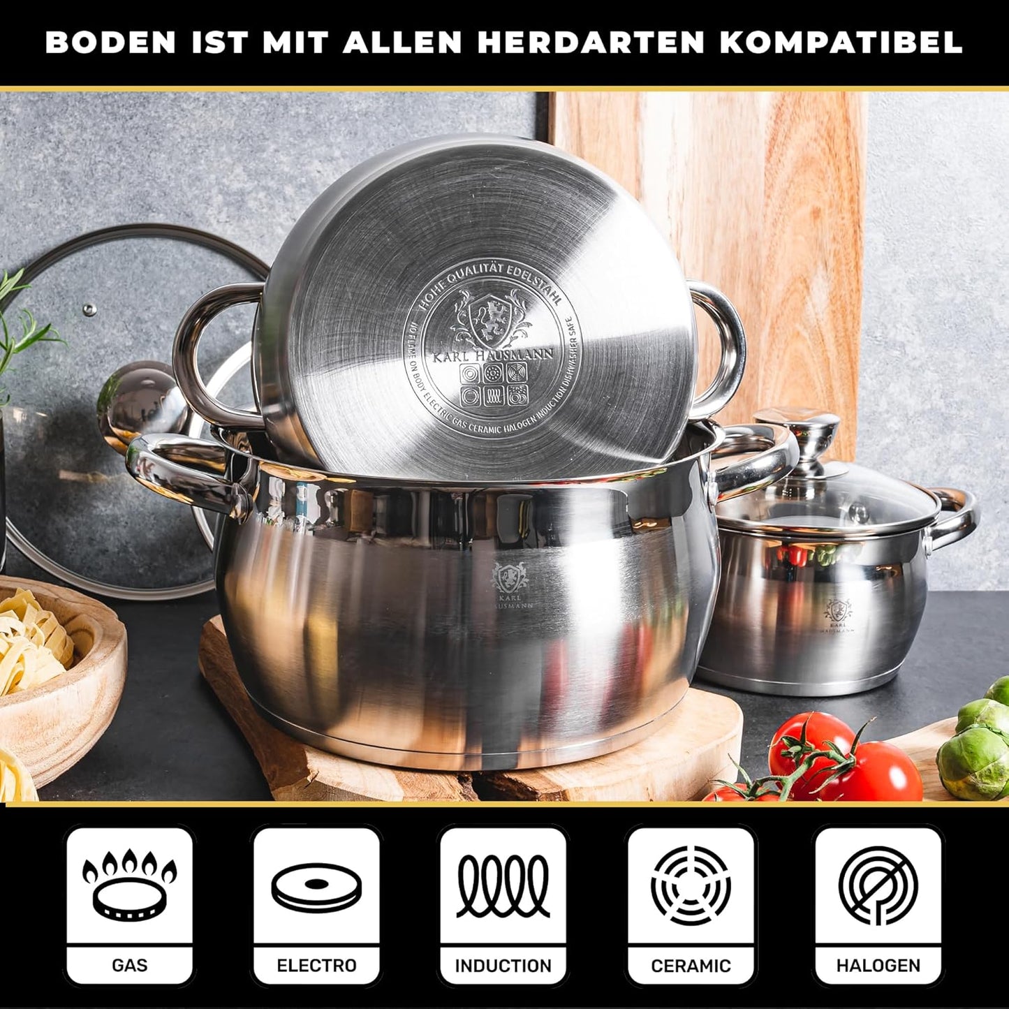 3-teiliges Topfset mit Glasdeckel
