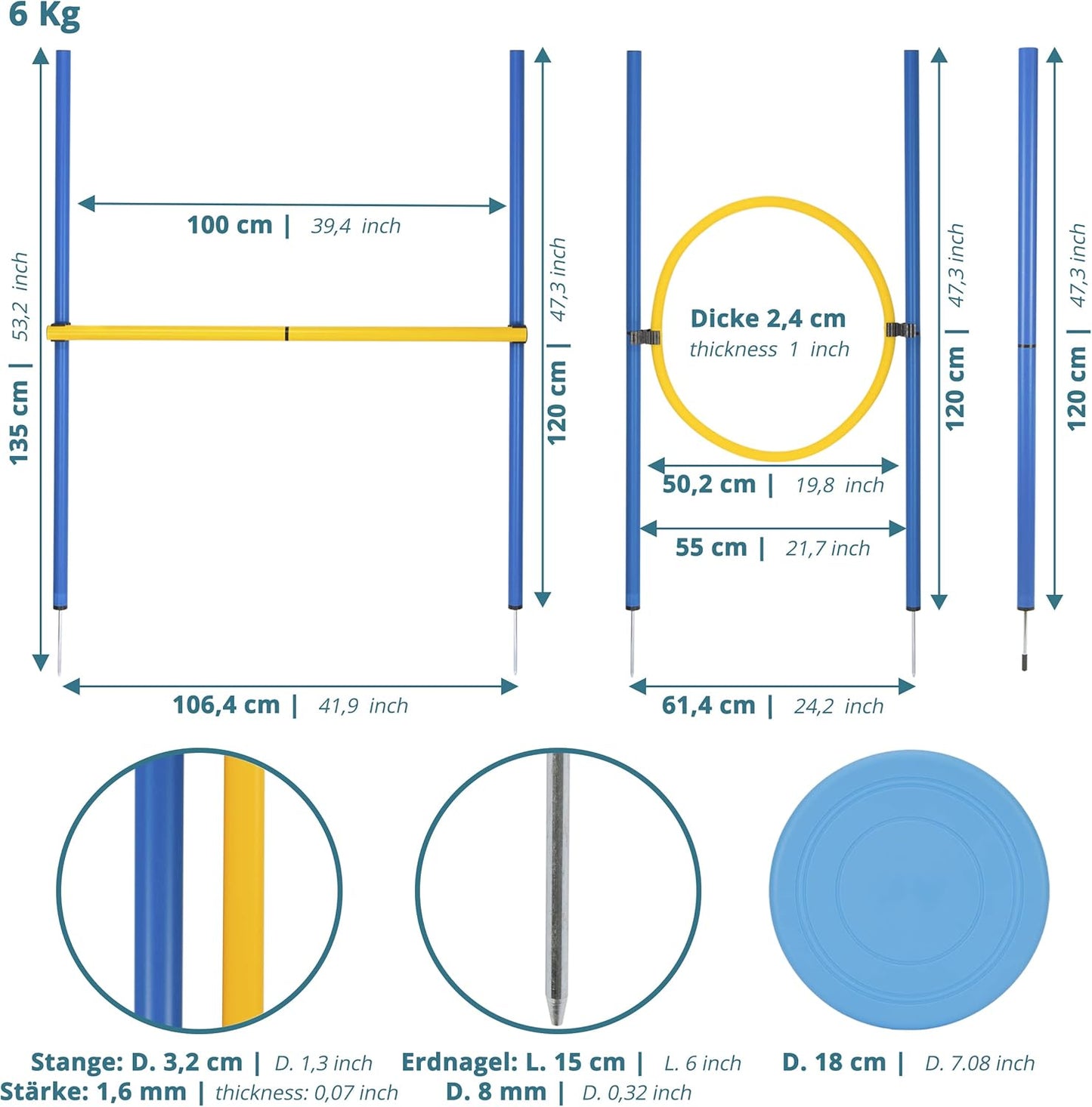 Agility Slalom- und Hindernis-Set, 12 Stangen + 2 Hindernisse + 1 Ring blau-gelb