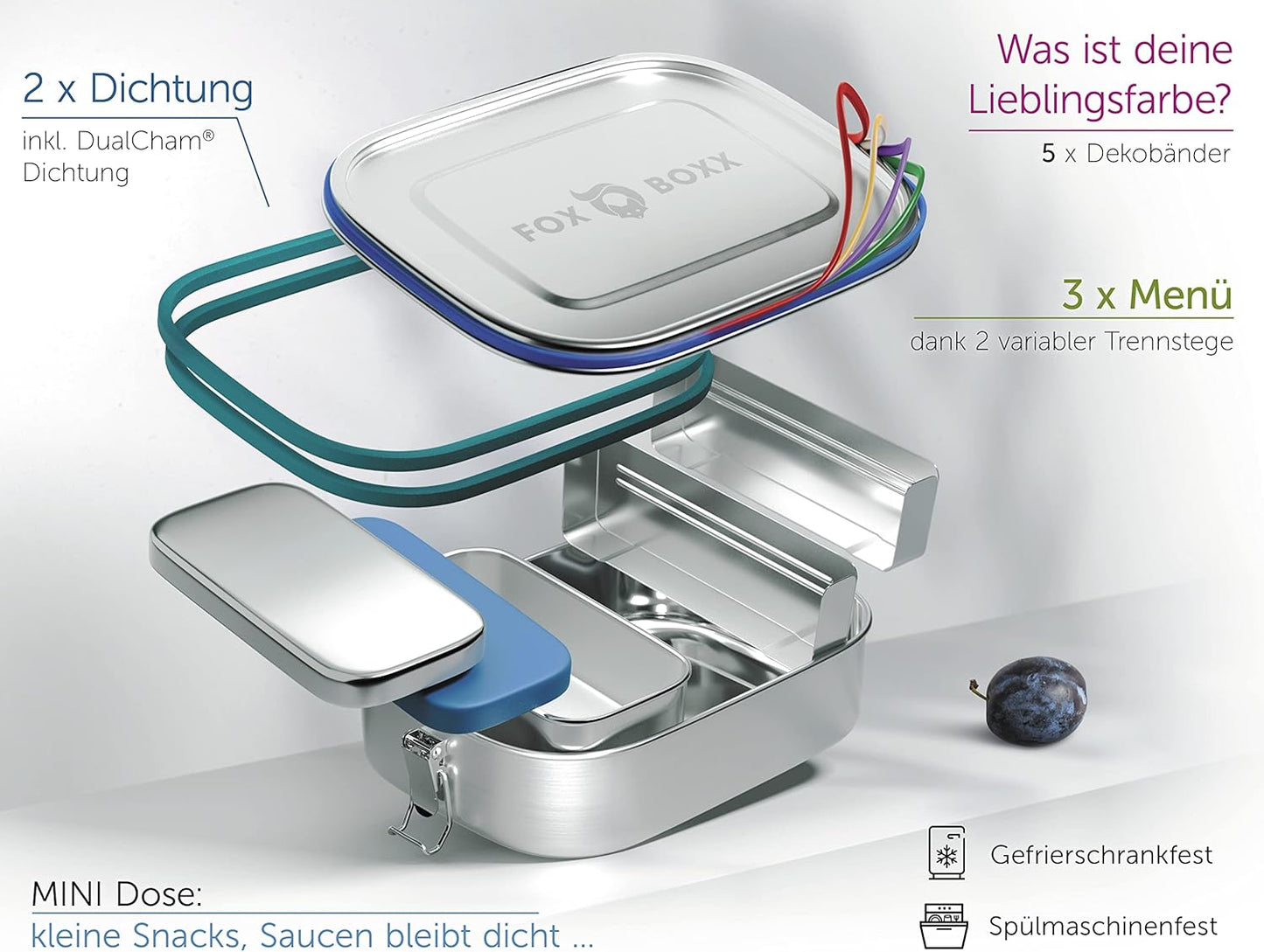 Brotdosen-Set mit Trennwänden (3 Fächer), Mini + 2 Trenner + Mini-Dose