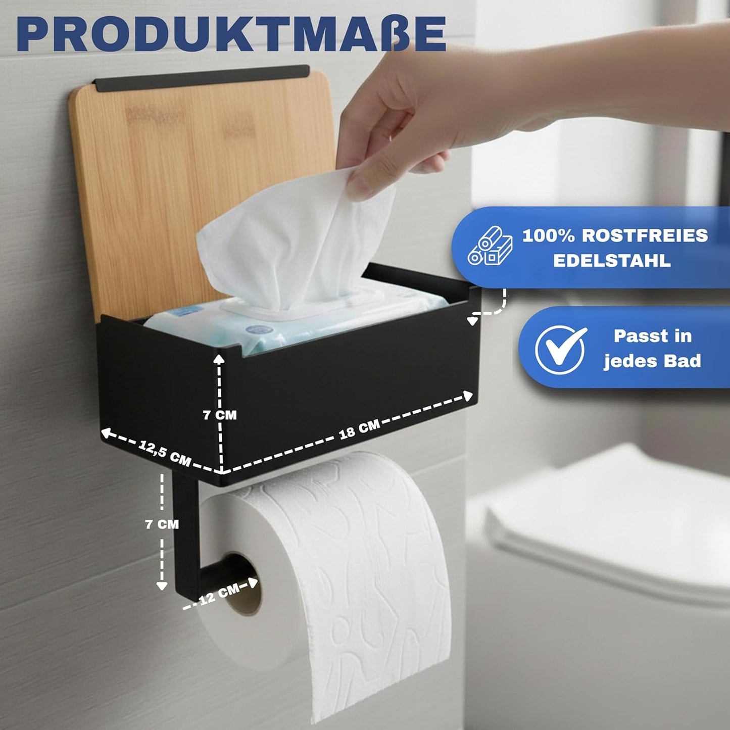 Toilettenpapierhalter mit Feuchttücherbox, Schwarz-bambus