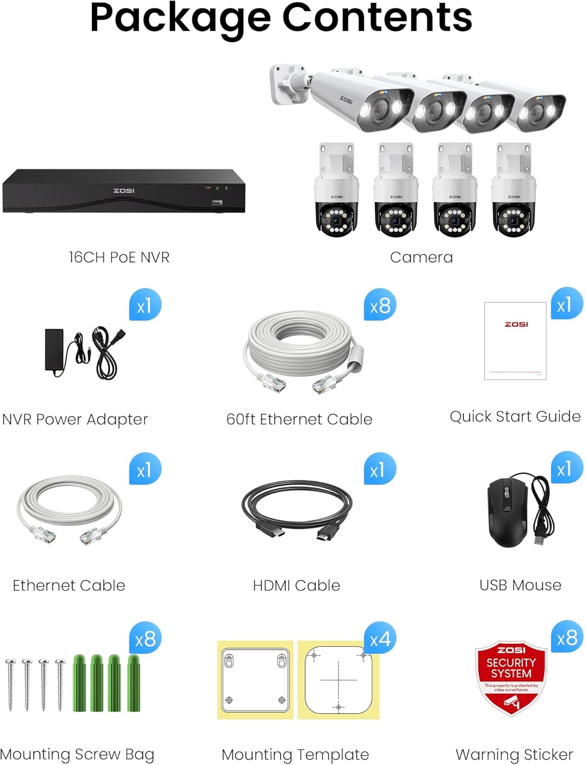 4K Überwachungskamera-Set mit KI-Erkennung, 8MP 4 Dome X 4 Bullet ; Weiss