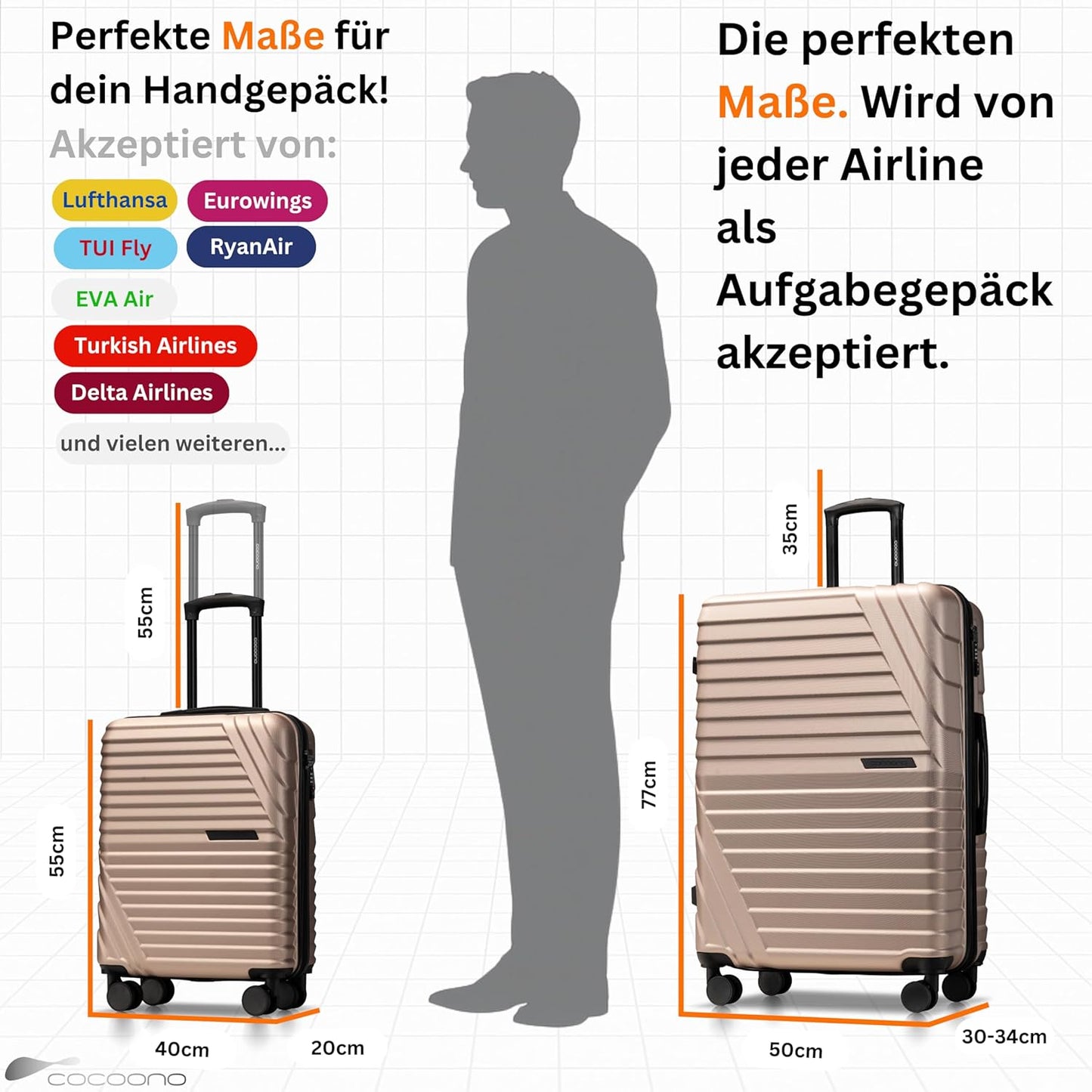 Reisekoffer-Set mit Rollen & TSA Schloss (2-teilig), Champagner 2er SET