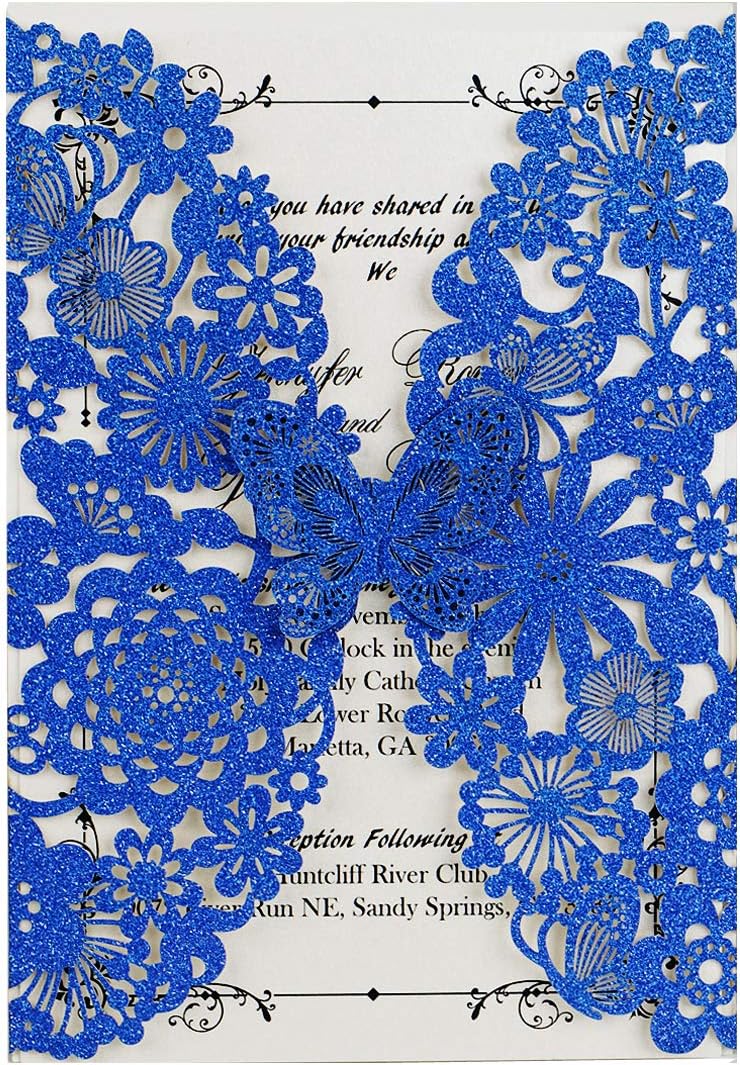 Laserschnitt Hochzeitseinladungen mit Schmetterling, 20 Stück Leeres Papier ;  Blau Glitzer