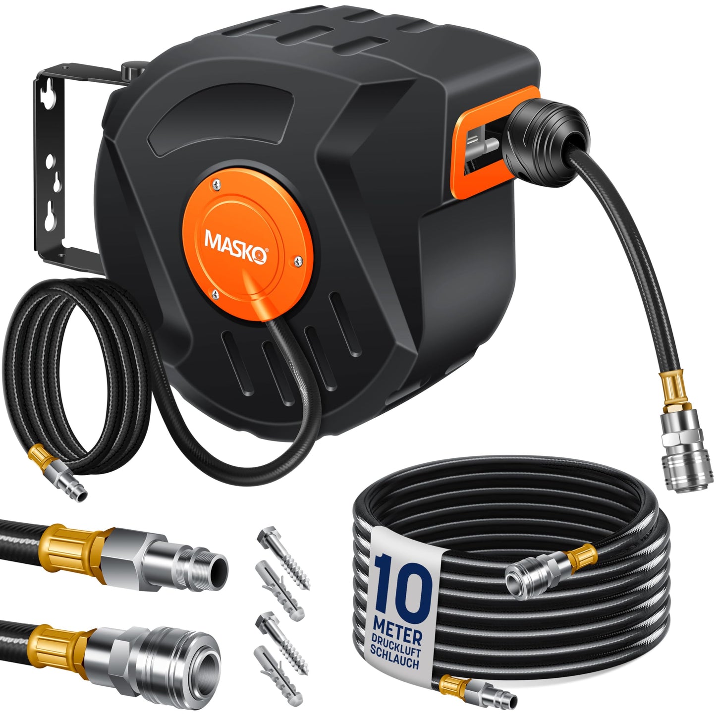 Automatik Druckluftschlauch Aufroller, 10 m Orange / Schwarz