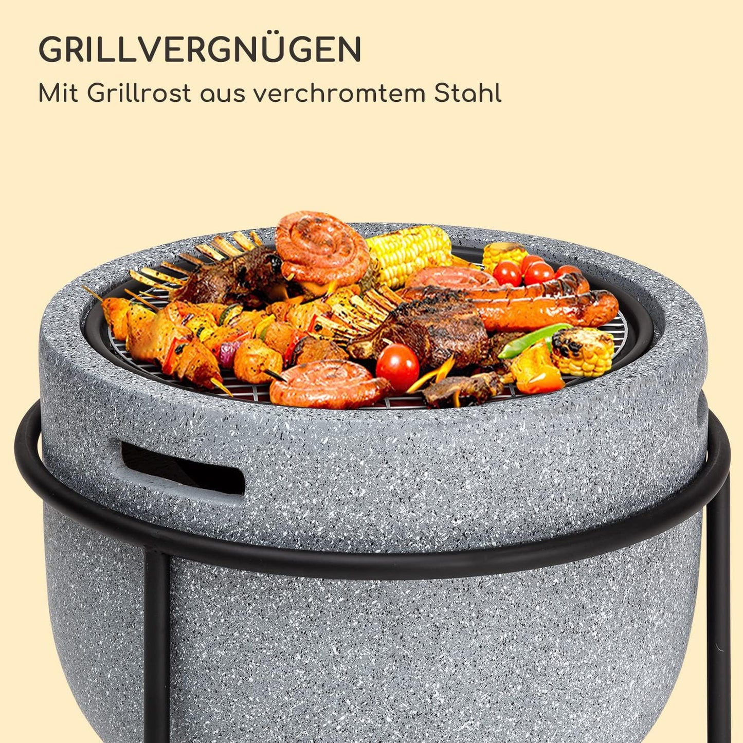 Tragbare Feuerschale mit Grillrost & Holzlagerfach, Grail Grau