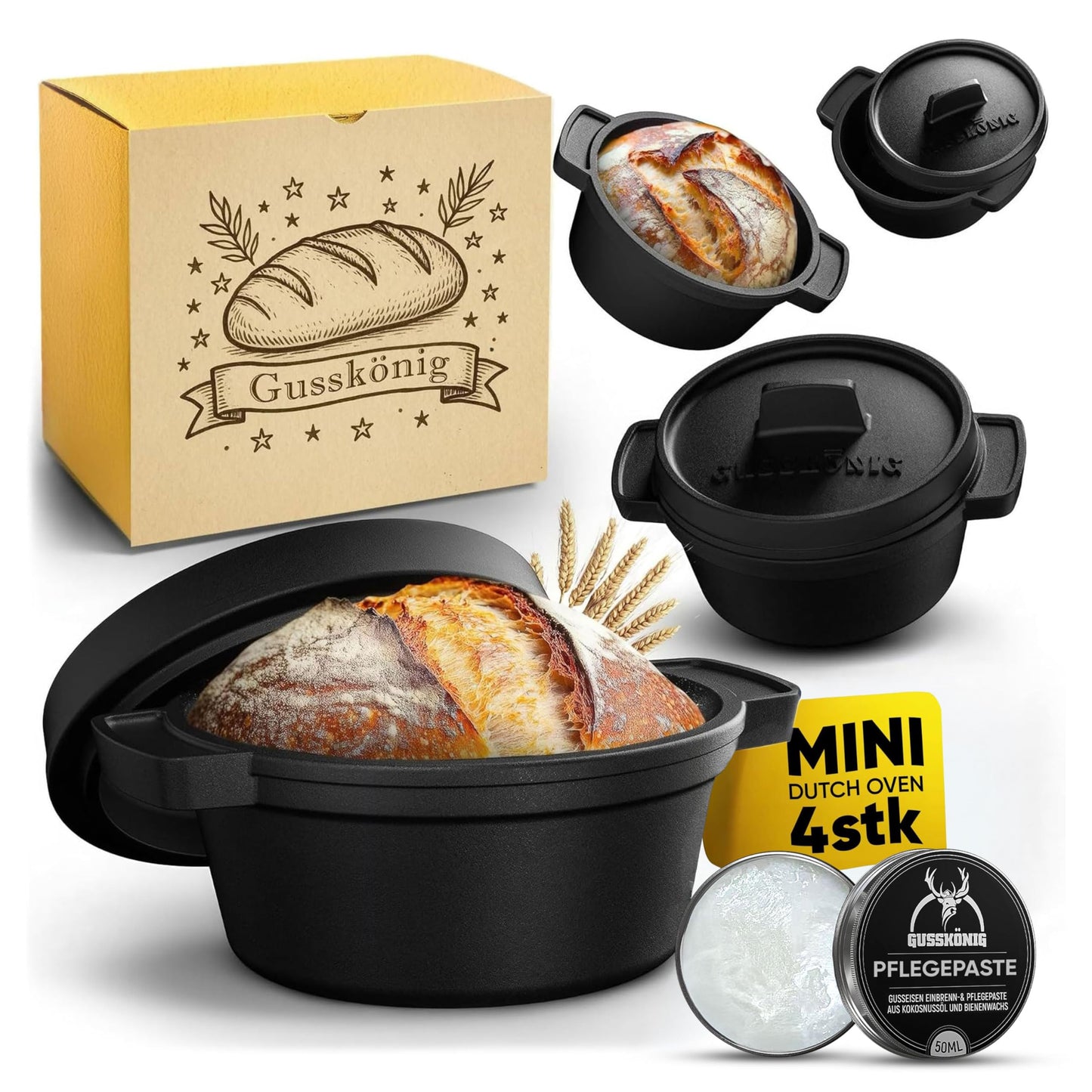 4-teiliges mini Brotbacktopf Set mit Rezeptbuch und Pflegepaste, Schwarz 4x 300 ml