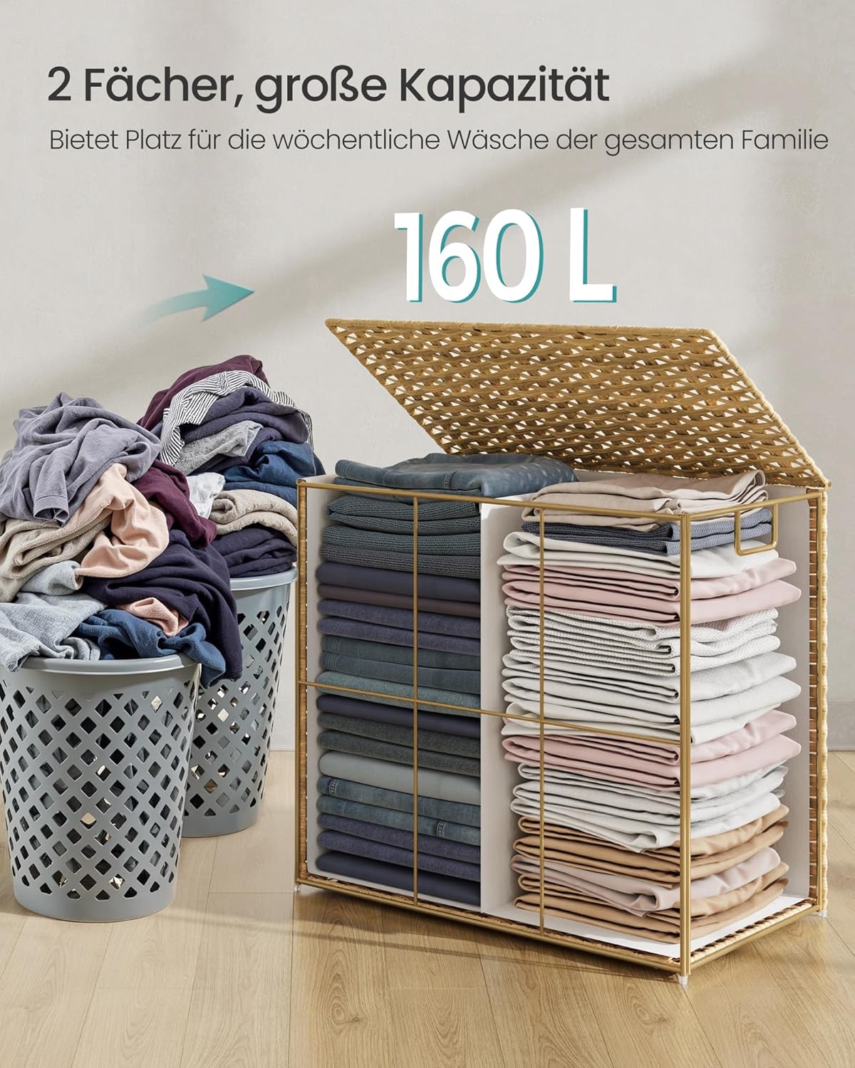 Wäschekorb mit 2 Fächern, Naturfarben 160 L