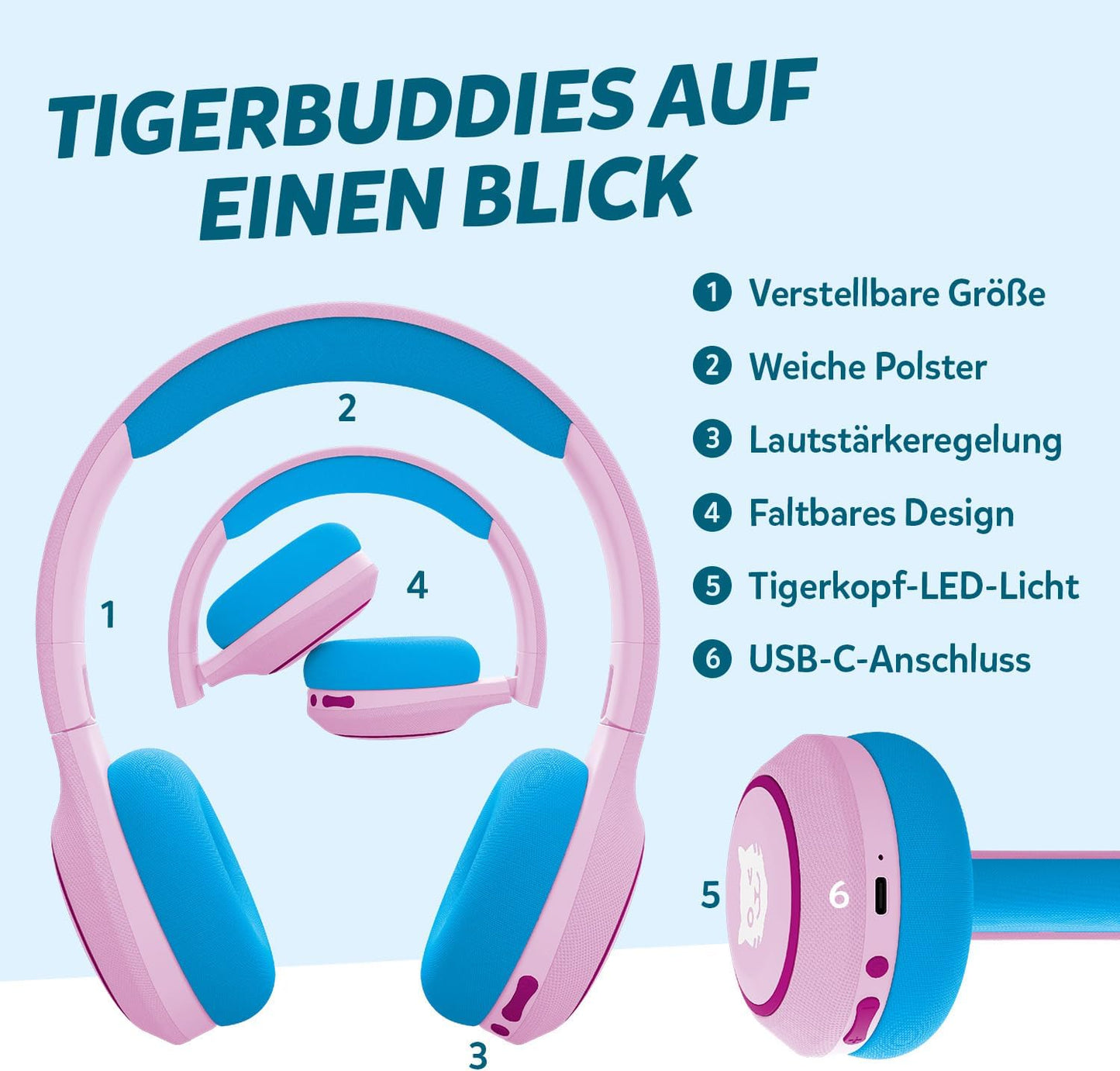 Bluetooth-Kinderkopfhörer mit Lautstärkebegrenzung, rosa/blau
