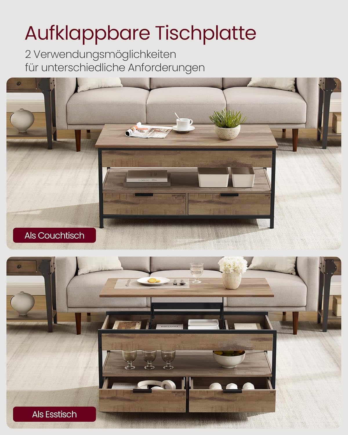 Höhenverstellbarer Couchtisch mit Schubladen, 100B cm| Kamelbraun + Tintenschwarz