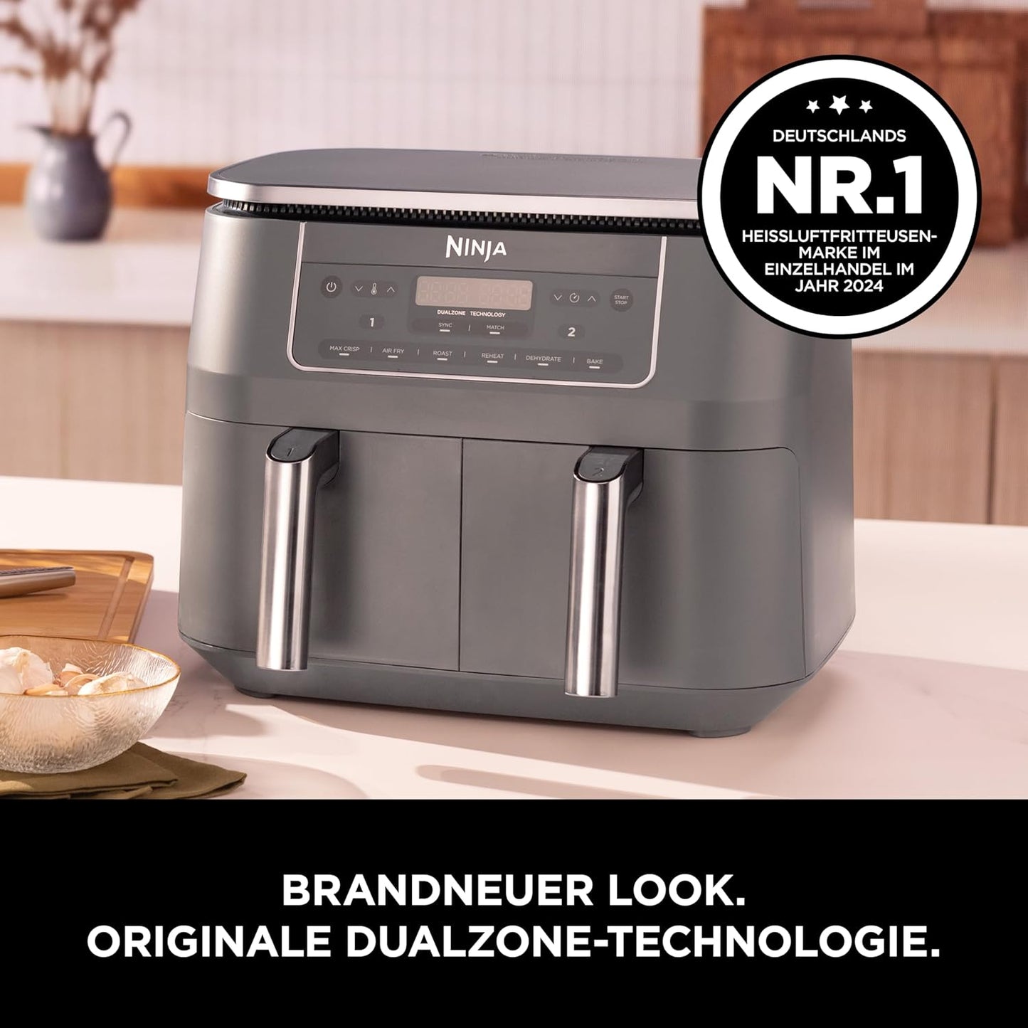 Dual Zone Heissluftfritteuse, Metallic Grau 31.5 cm x 38 cm x 26.5 cm