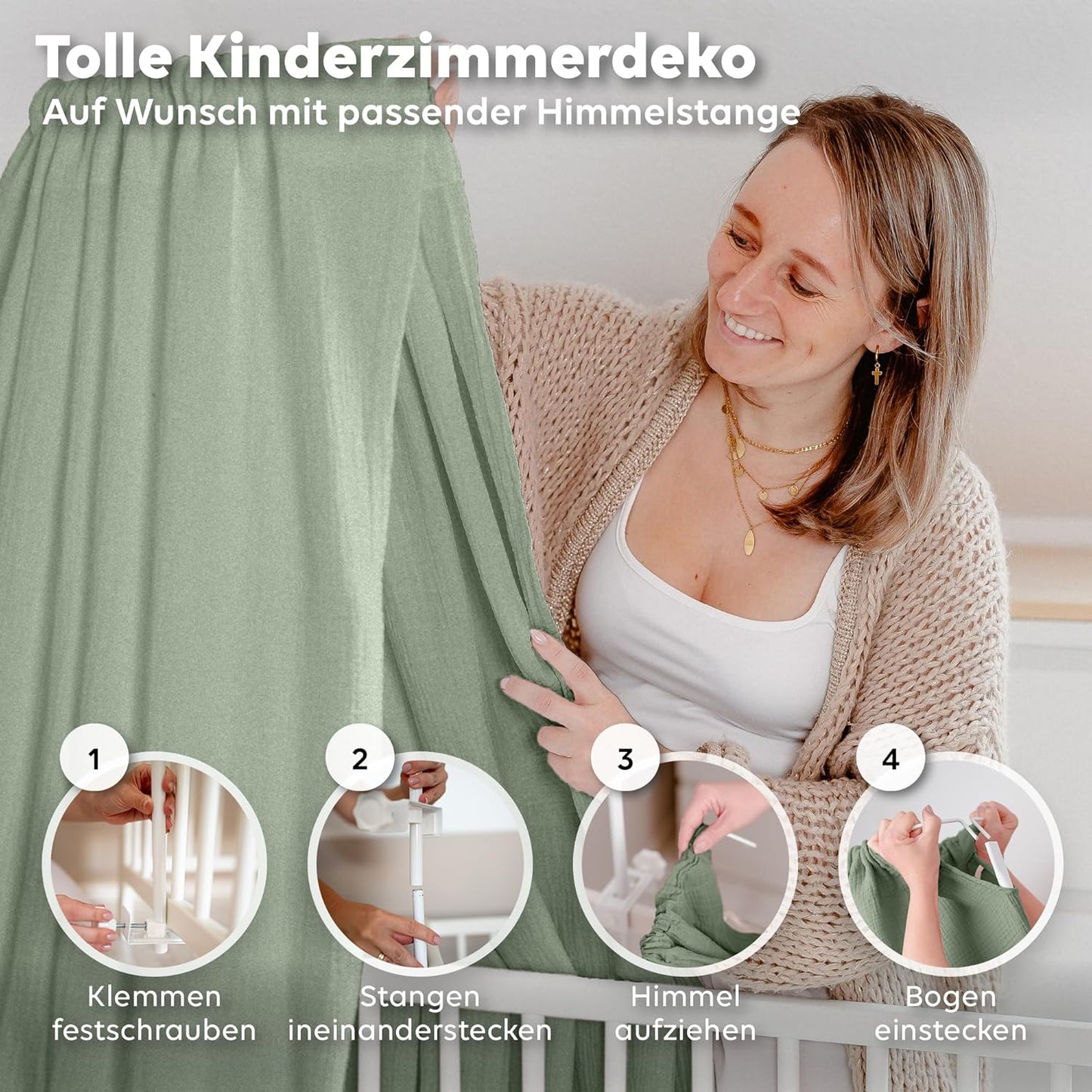 Betthimmel aus Musselin für Babybett, Eukalyptus ohne Himmelstange