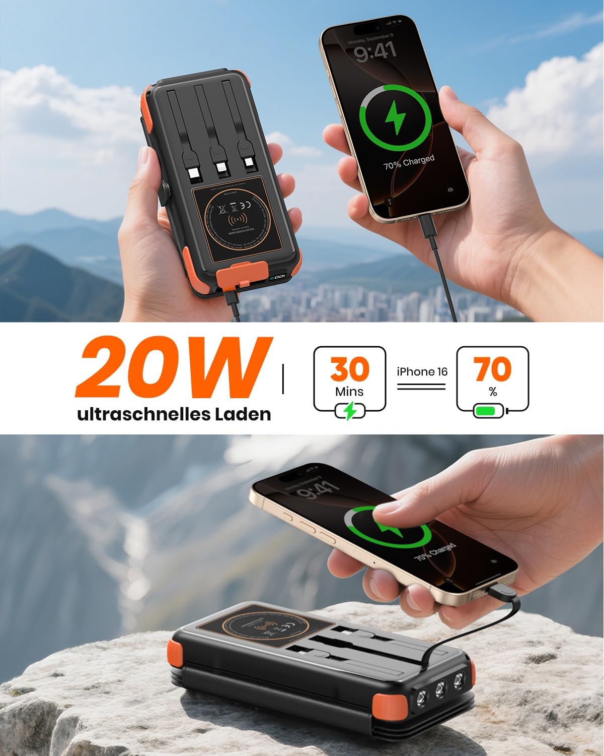 Solar PowerBank Wireless mit Schnellladefunktion, Orange