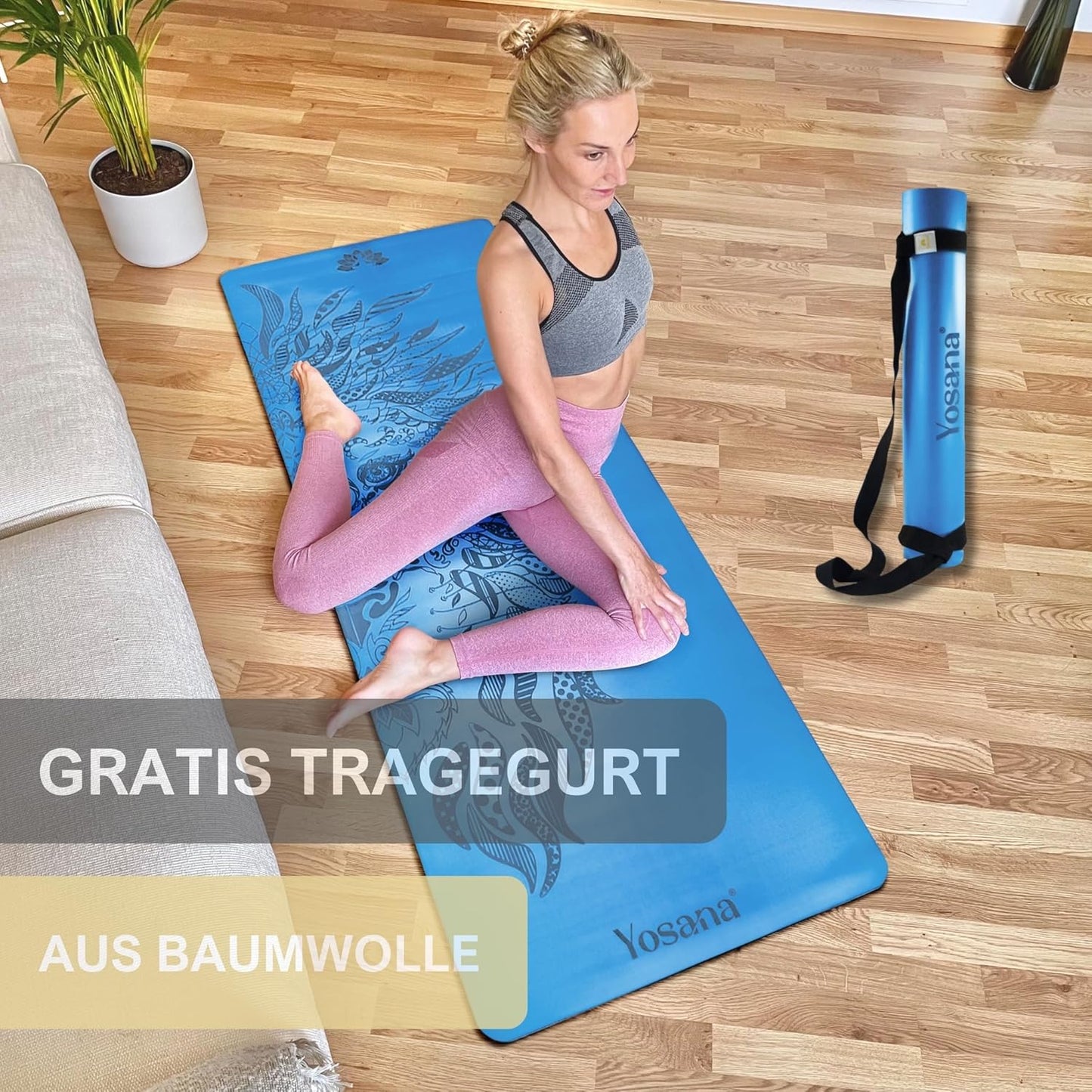 Rutschfeste Yogamatte, Hellblau Löwe
