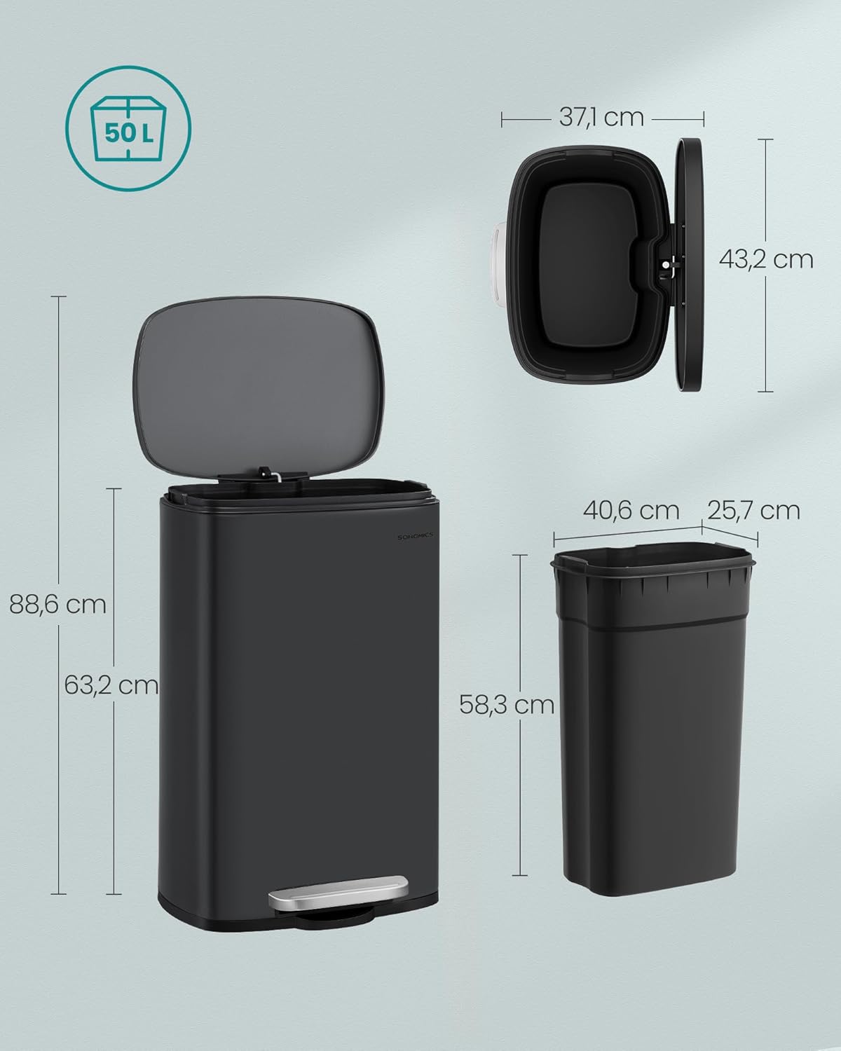 Treteimer mit Softclose (50L), Schwarz