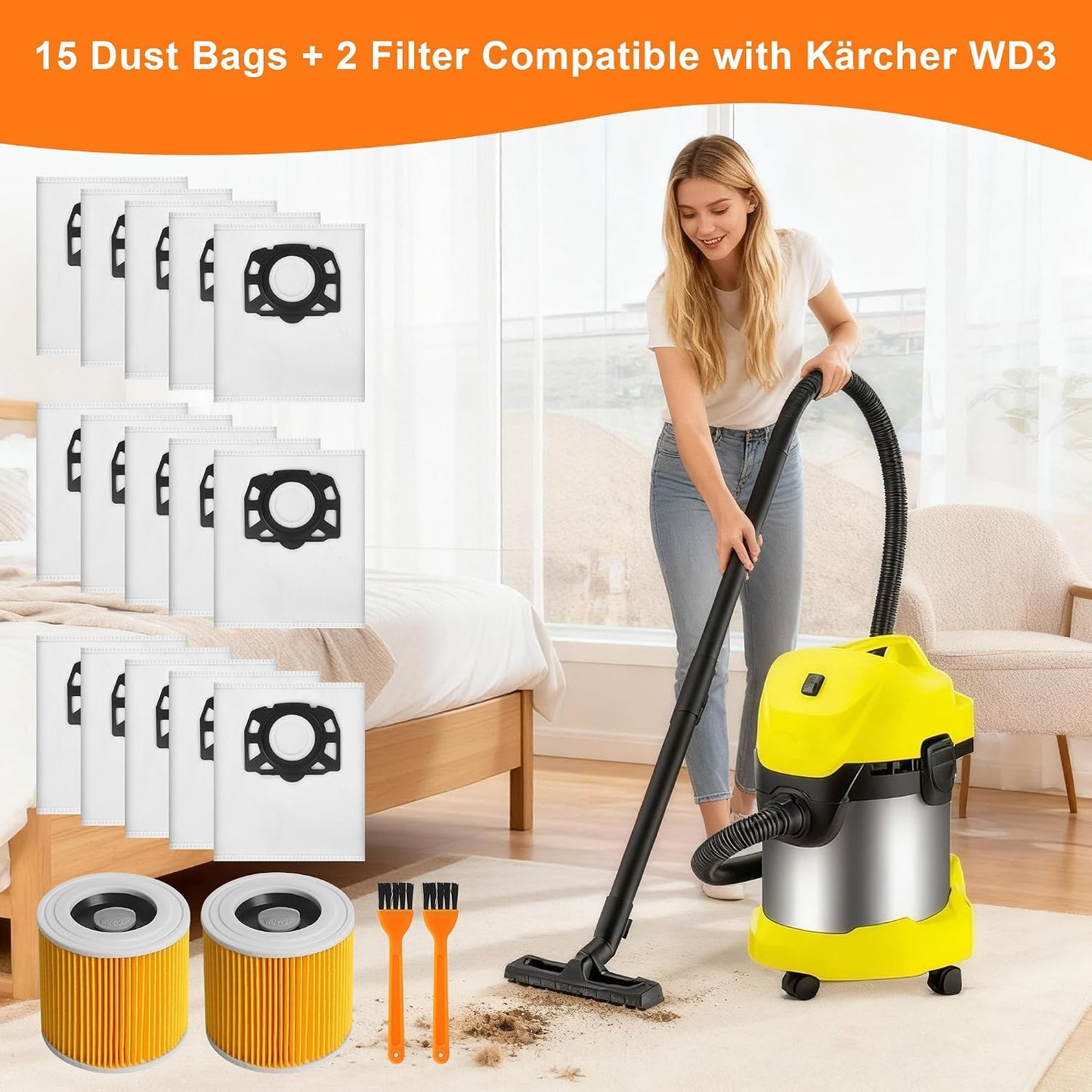 Staubsaugerbeutel-Set für Kärcher (15 Beutel, 2 Filter & 2 Filterbürsten)