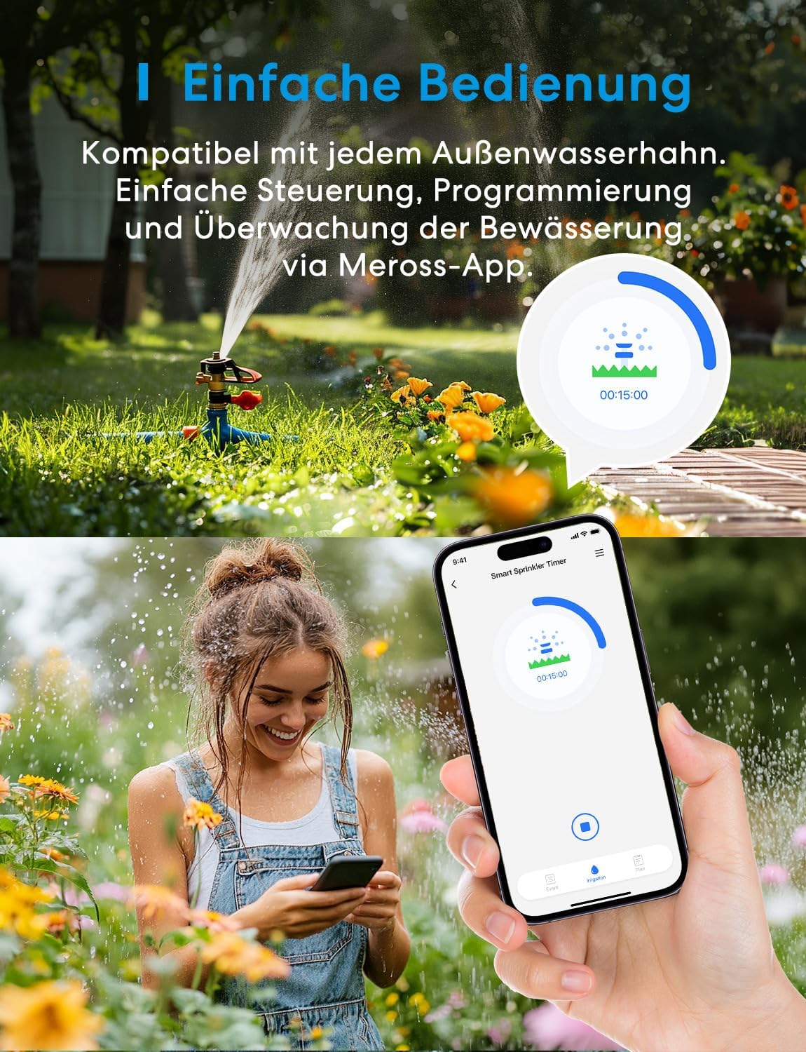 Bewässerungscomputer mit App-Steuerung & Regenverzögerung, EU-Version 1-Zonen-Timer