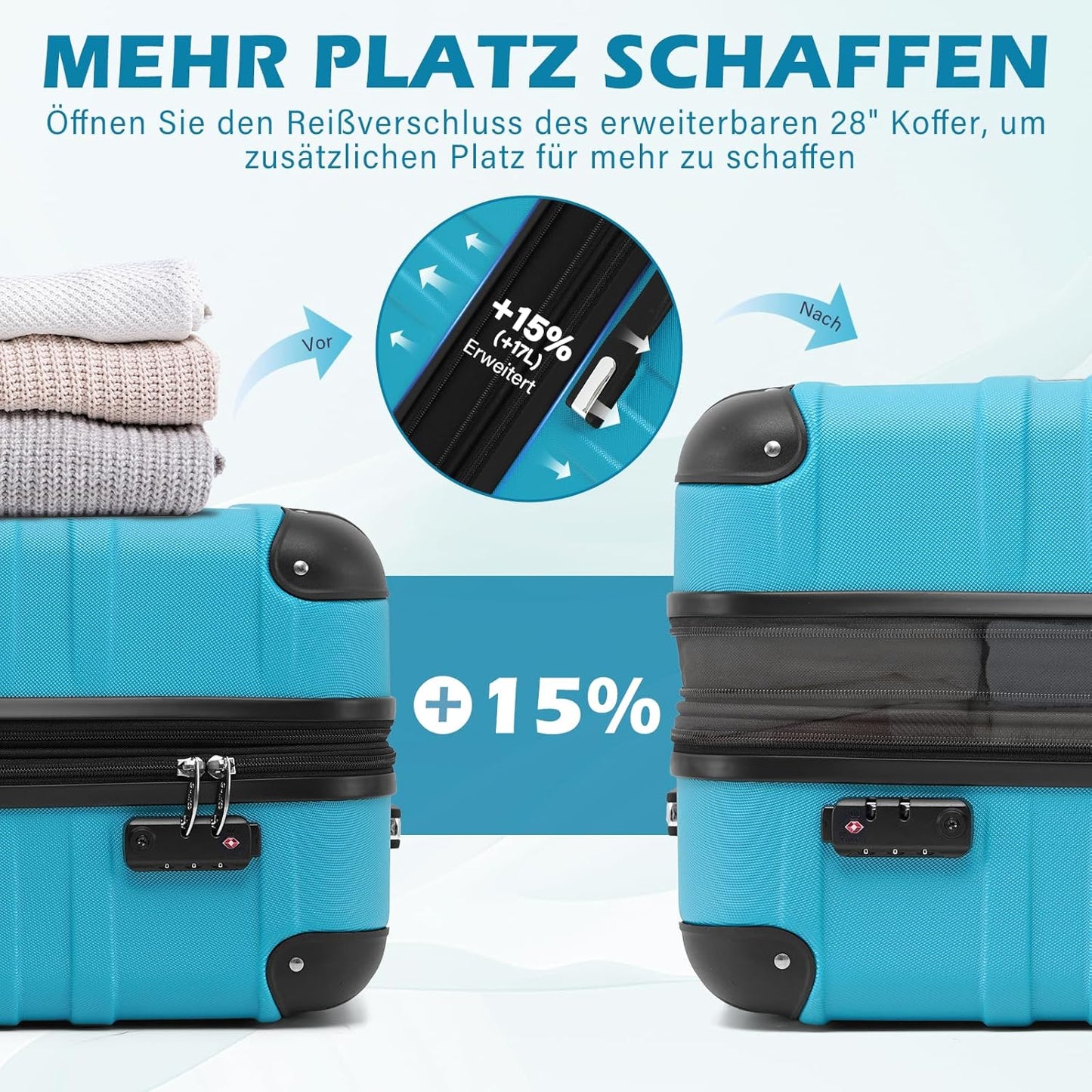 Hartschalen-Reisekoffer-Set (3-tlg.) mit TSA-Schloss und 4 Rollen, Navy Blau Koffer-Set