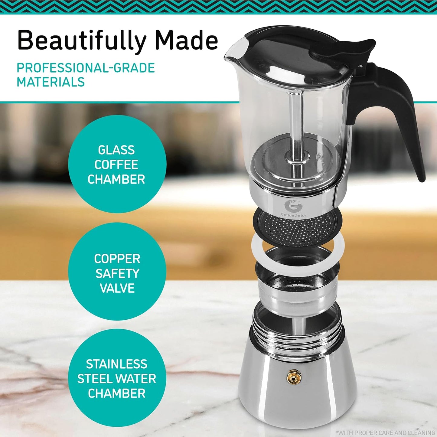 Espressokocher aus Glas für 4 Tassen, Edelstahl 4 Tasse/200ml