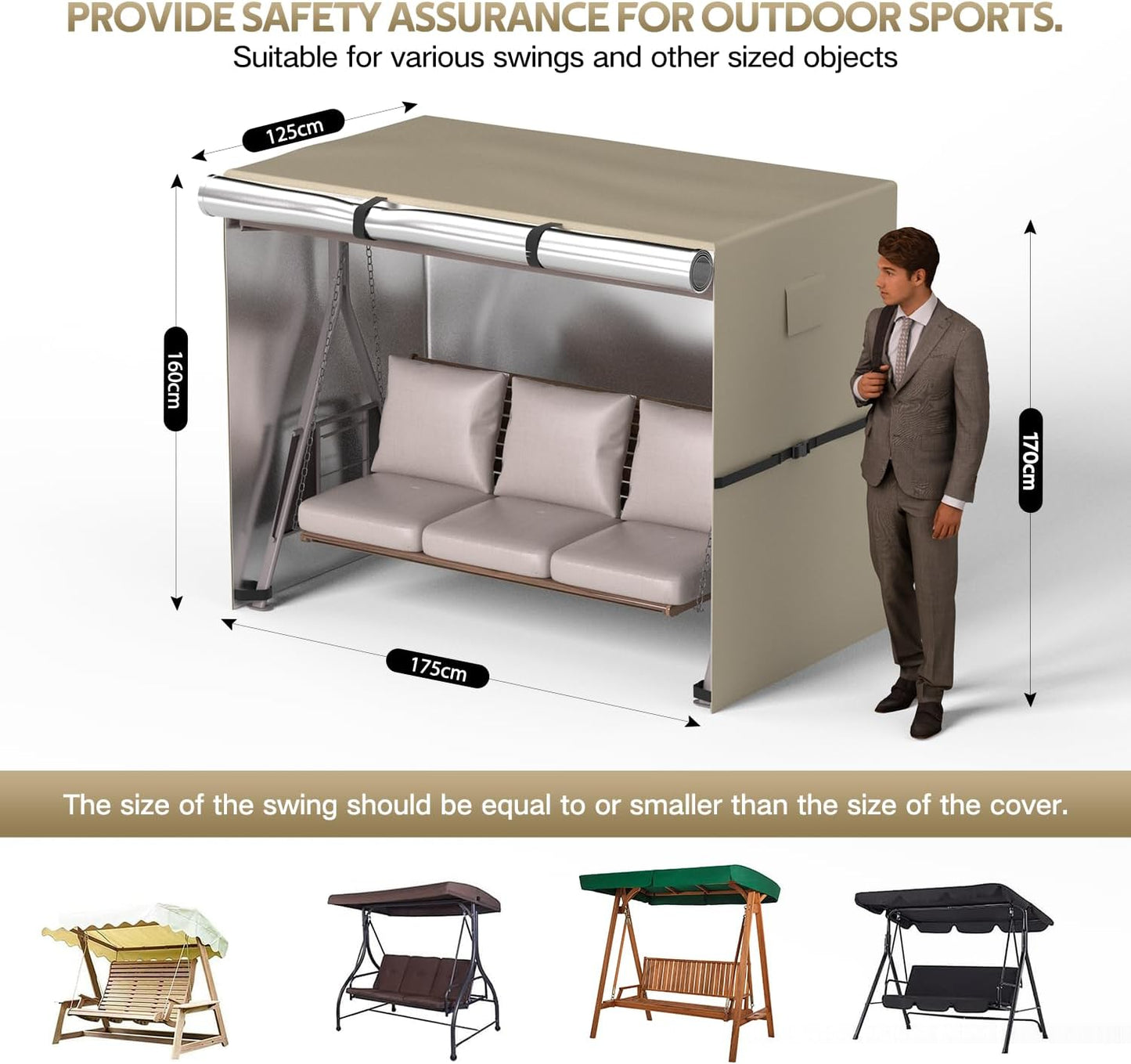 Hollywoodschaukel Abdeckung für 2-Sitzer (175x125x160cm), Khaki 175x125x160cm