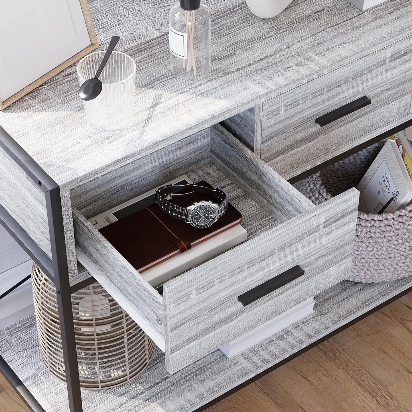 Brooklyn Konsolentisch mit 3 Schubladen, Grau, 3 Drawer