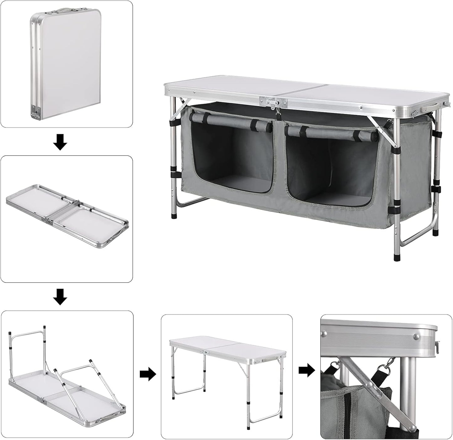 Faltbarer, höhenverstellbarer Campingtisch mit Stauraum, Weiß+grau