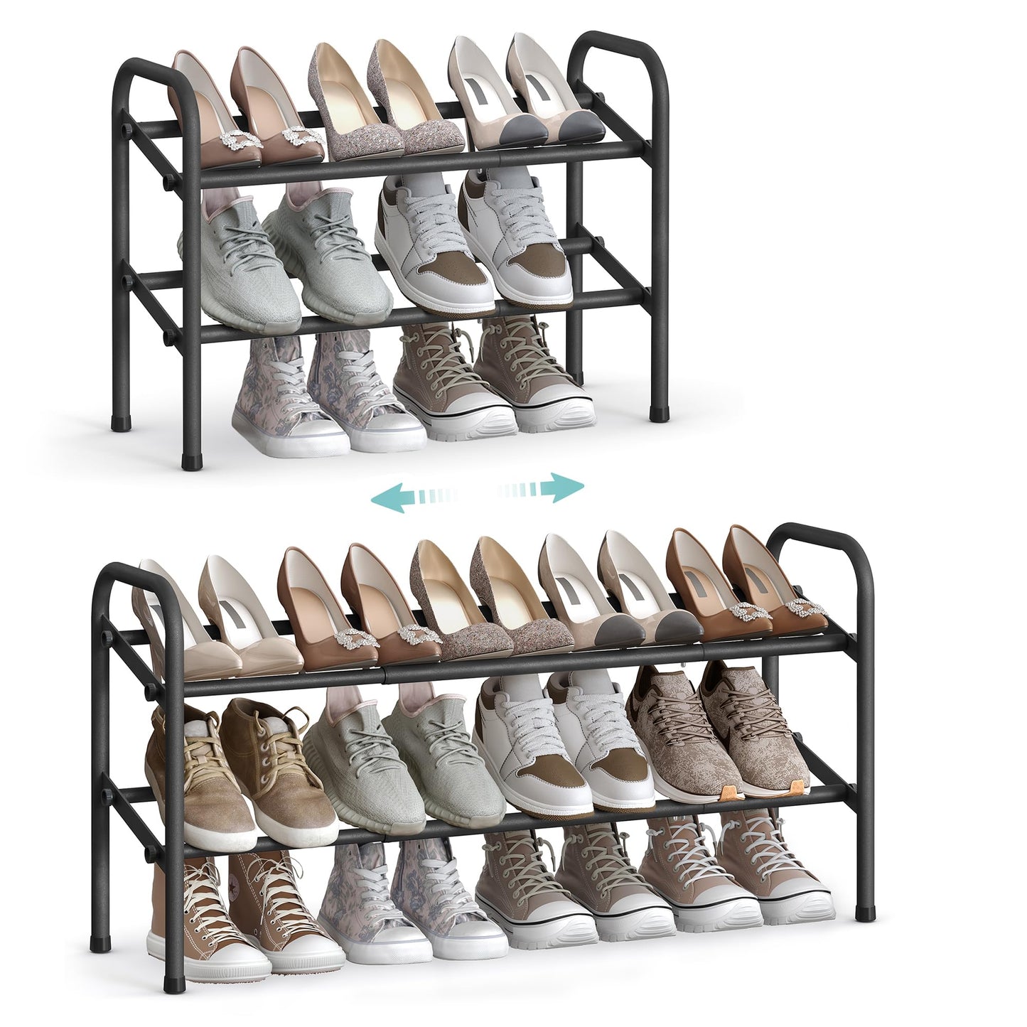 Schuhregal mit 2 Ebenen, 2 Tier (23 x 58 x 42 cm) Tintenschwarz