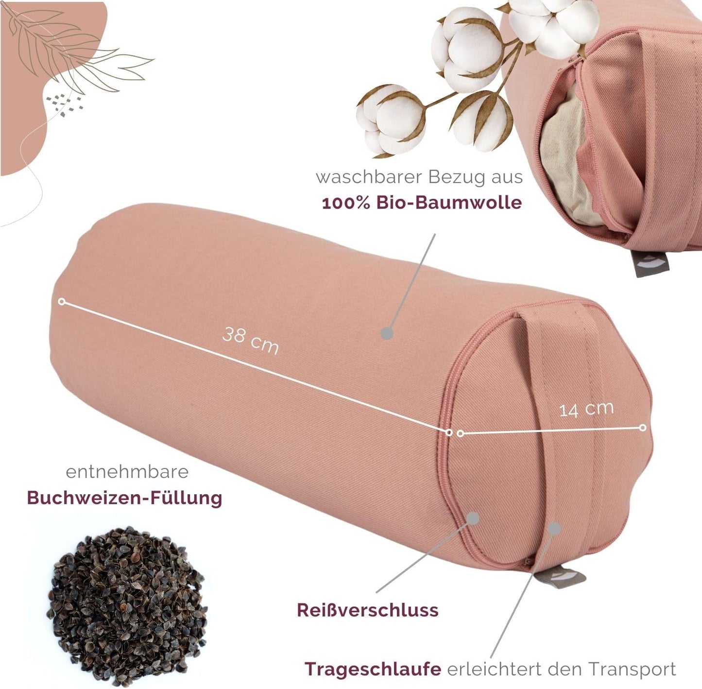 Mini Yogabolster mit Buchweizenfüllung und abnehmbarem Bezug, Rosé