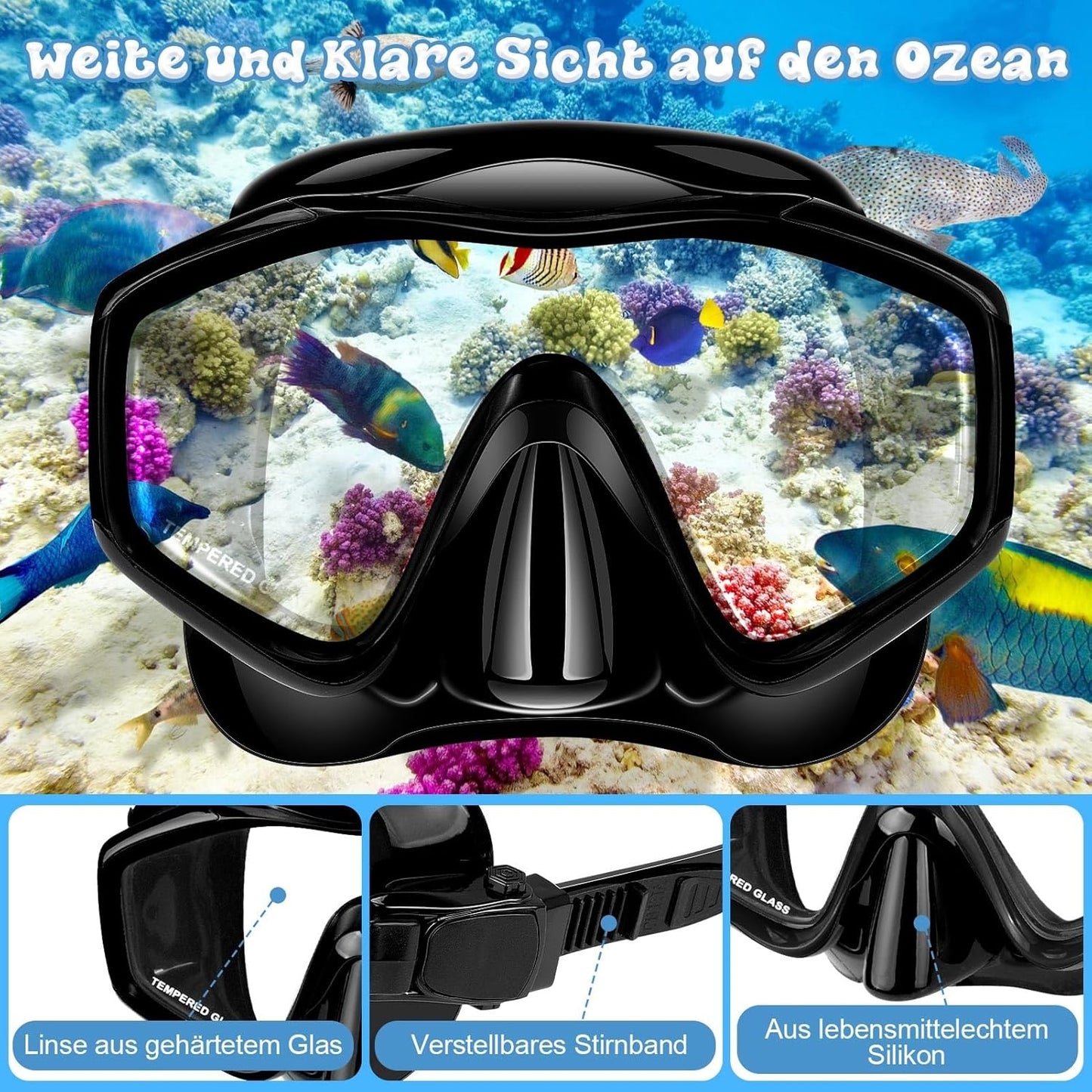Schnorchelset mit Taucherbrille und Trockenschnorchel, Schwarz