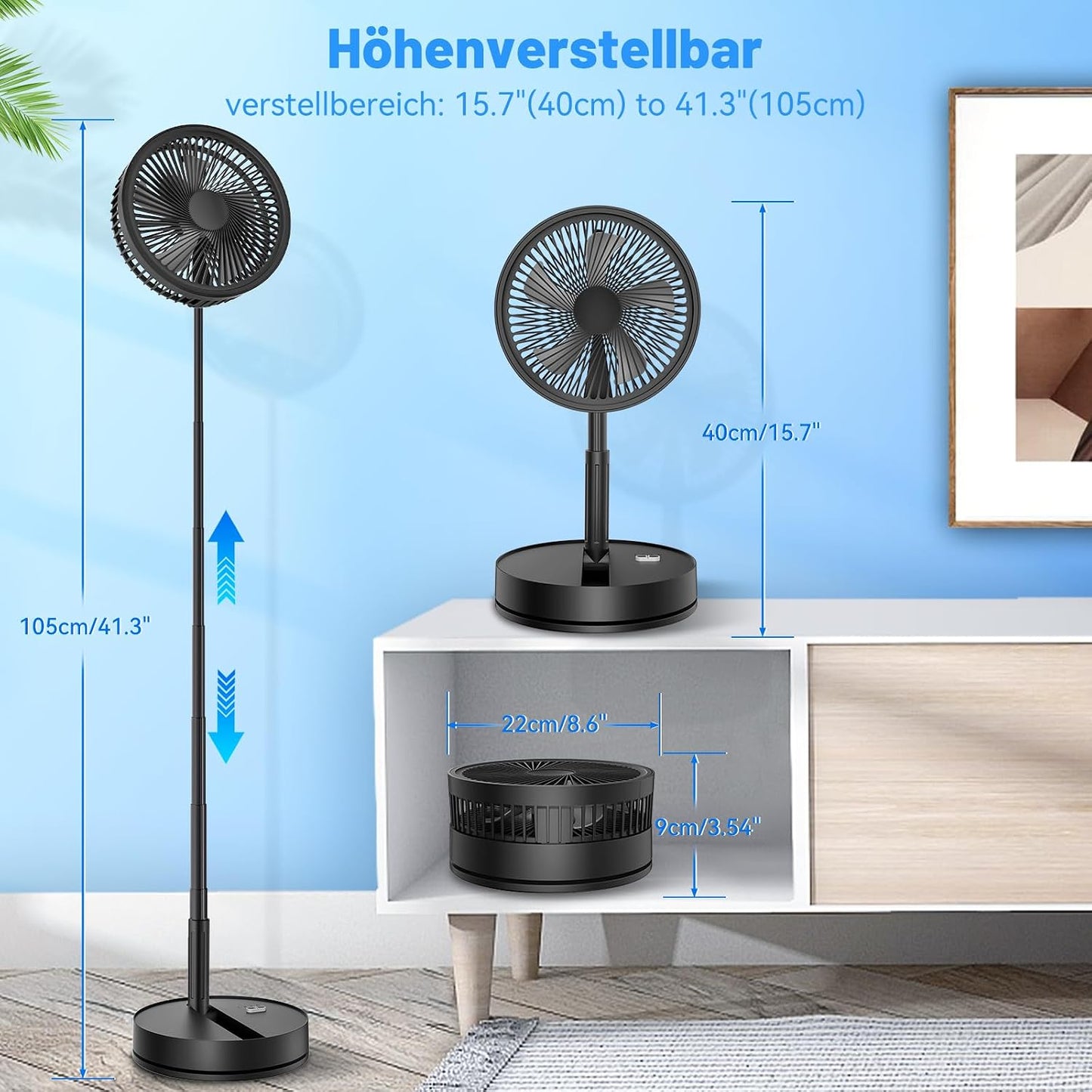 Tragbarer Ventilator, Schwarz 8,6-Zoll