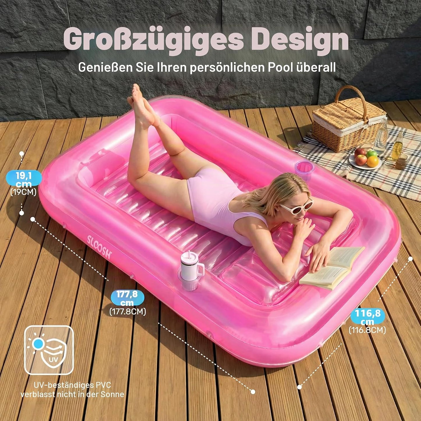 Aufblasbarer Sonnenpool mit abnehmbarem Kissen und Getränkehalter, Rosa L