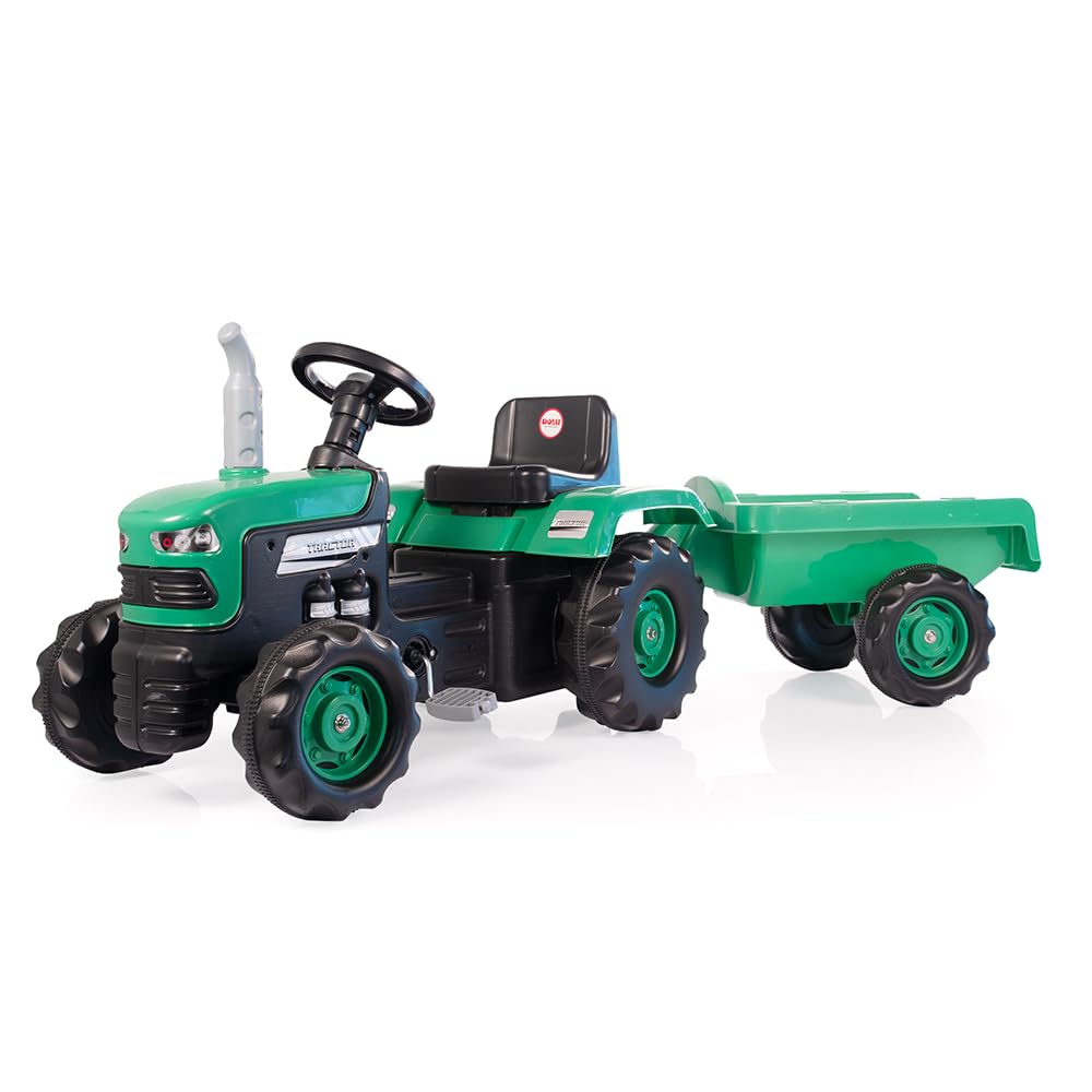 Kinder-Pedaltraktor mit Anhänger und Hupe, Grüner Trettraktor mit Anhänger