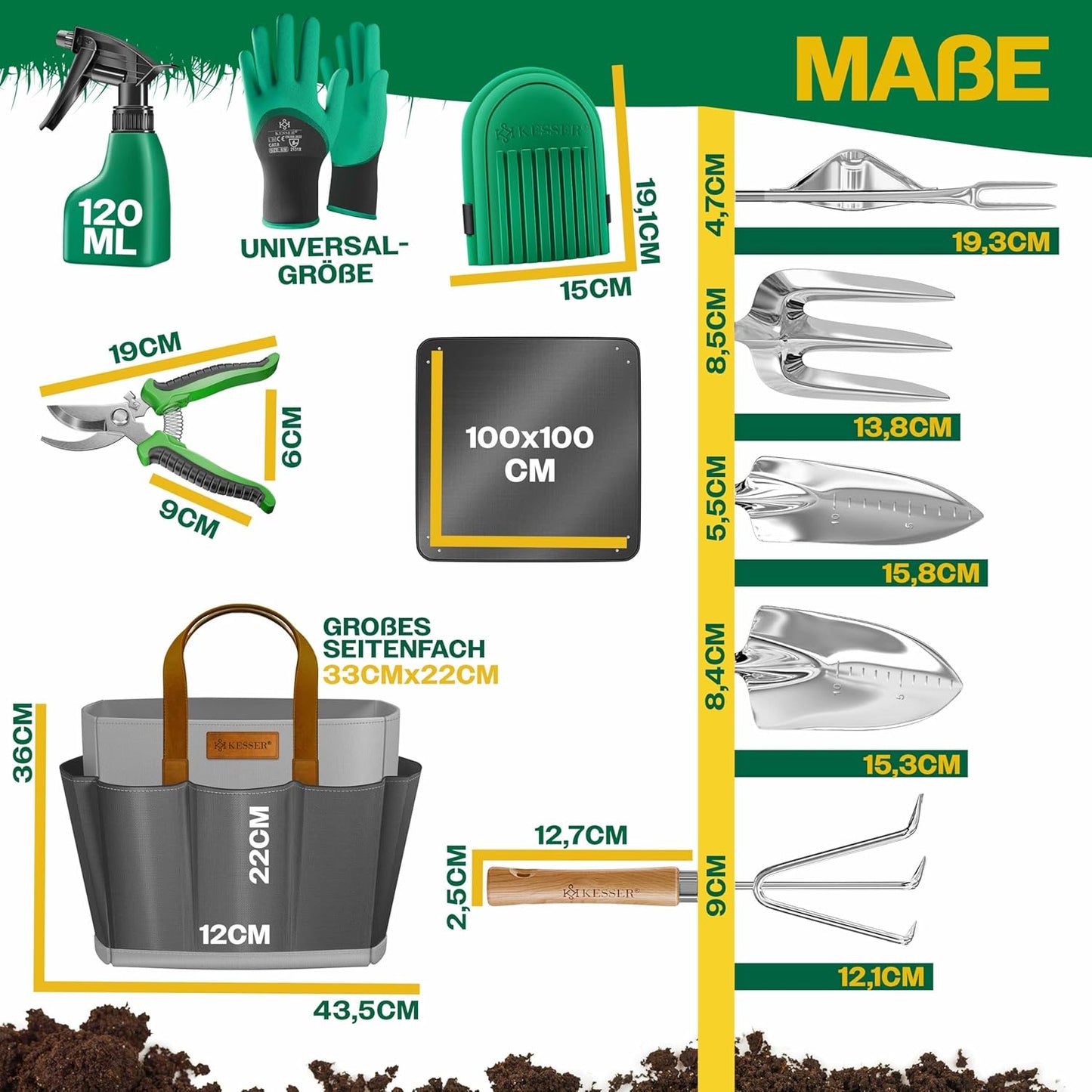 10-teiliges Gartenwerkzeug-Set mit ergonomischen Griffen, Grau / Anthrazit