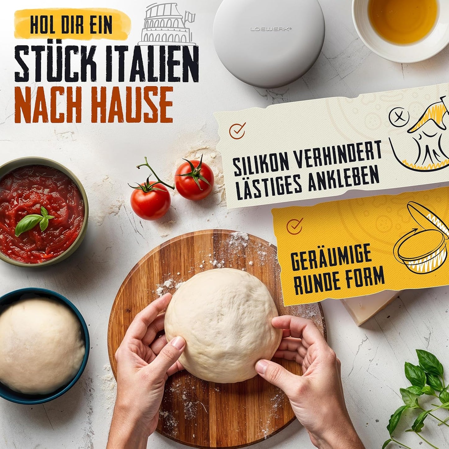 6er-Set Pizzaballenbox mit Deckel und Teigspatel, 6er Set - Olive/Grau + Teigspatel