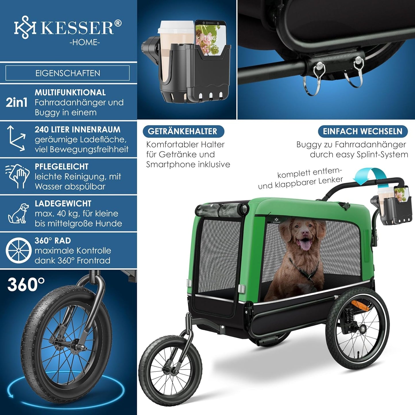 3-in-1 Hundeanhänger, Hundebuggy & Buggy, 40 kg belastbar, Grün