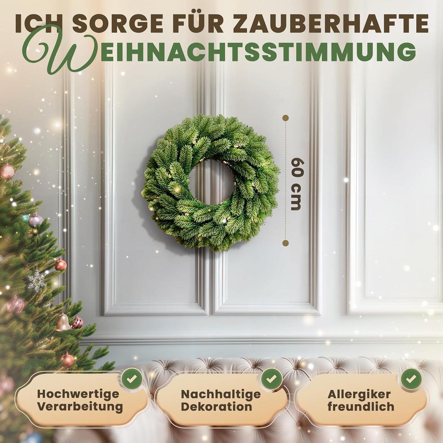 Beleuchteter Tür-Weihnachtskranz mit LED (60 cm), mit Beleuchtung 60 cm