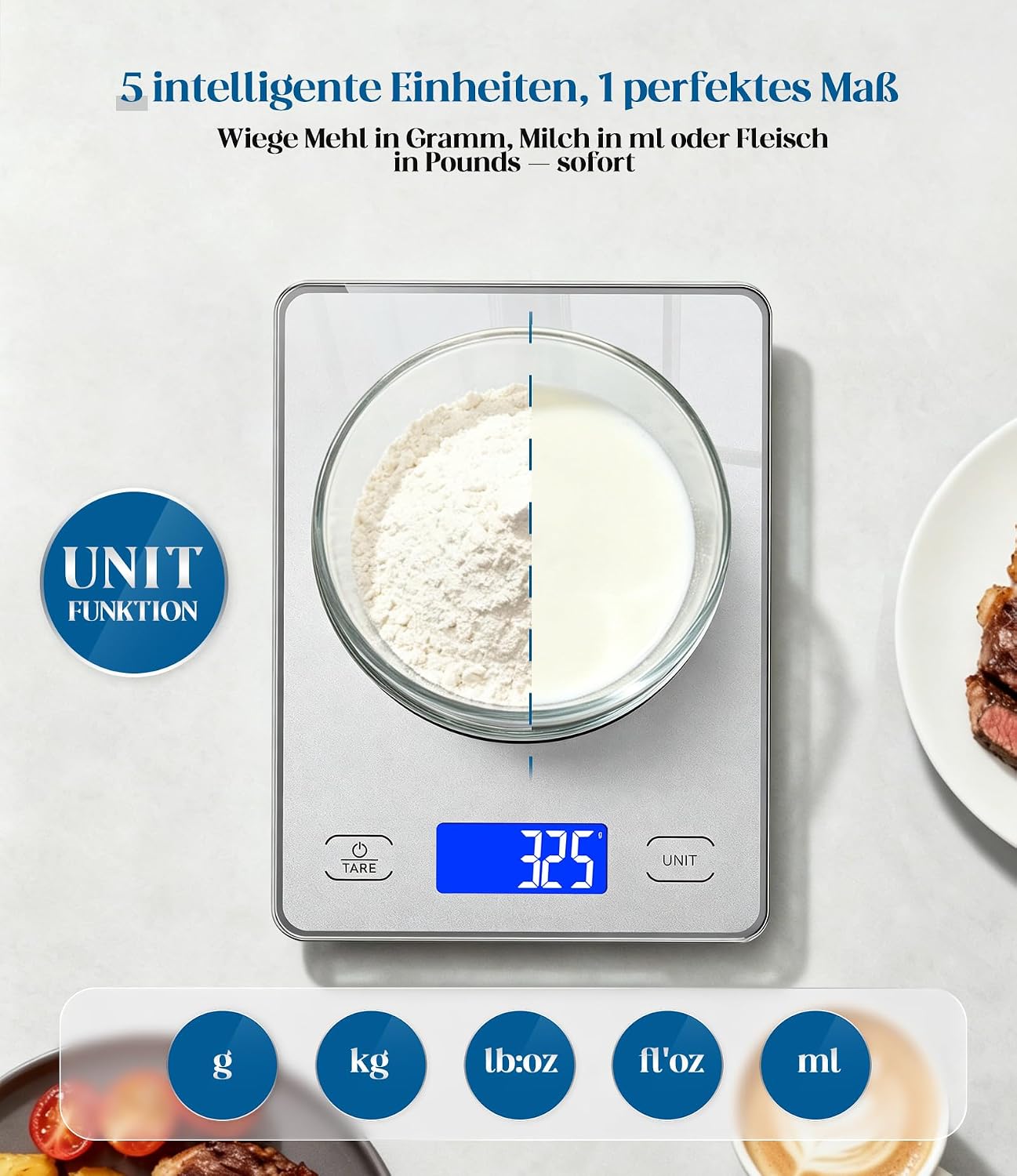 Digitale Küchenwaage mit 15 kg Kapazität, USB/Batterie, Hellsilber