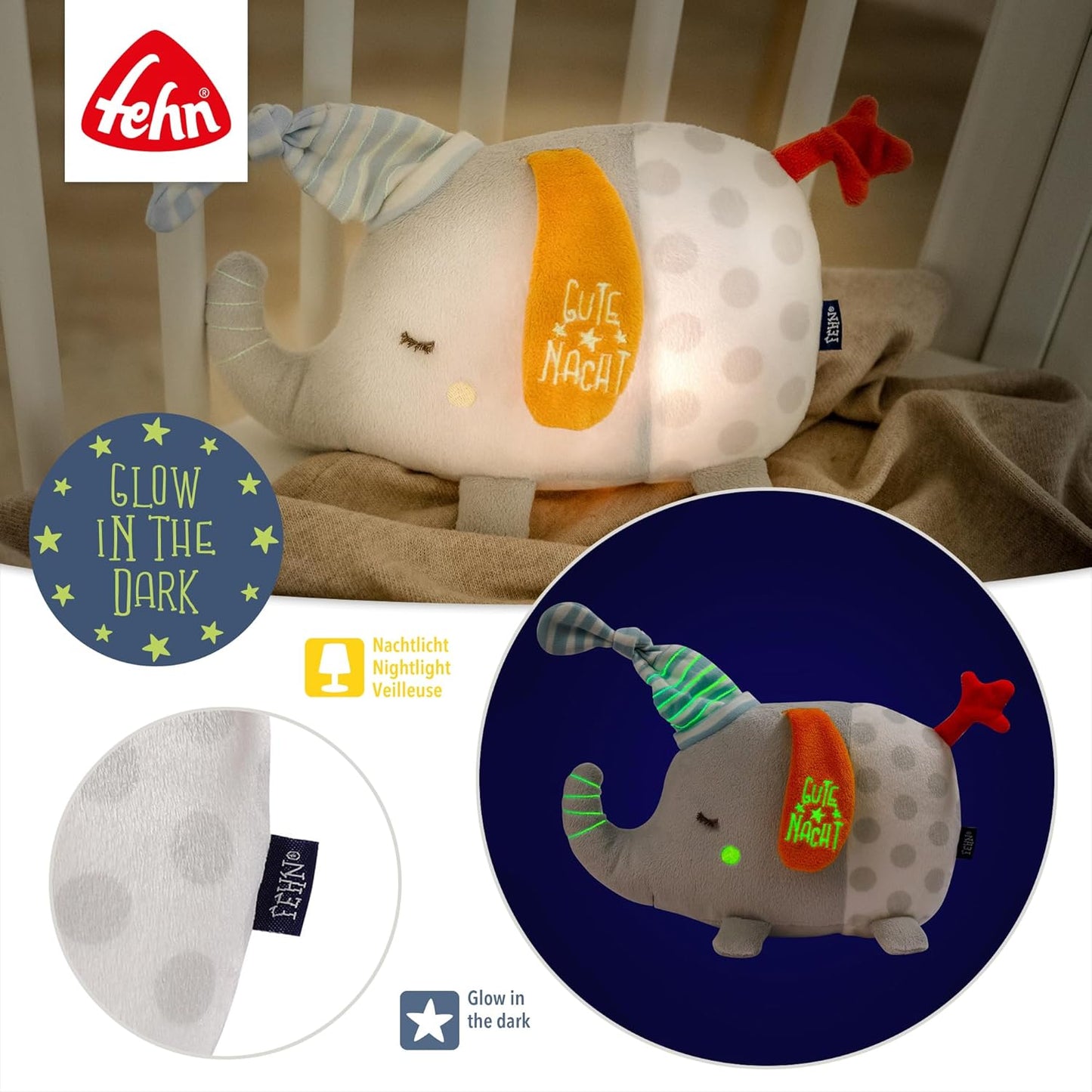 Nachtlicht Elefant mit Glow-in-the-Dark-Bestickung, Elefant