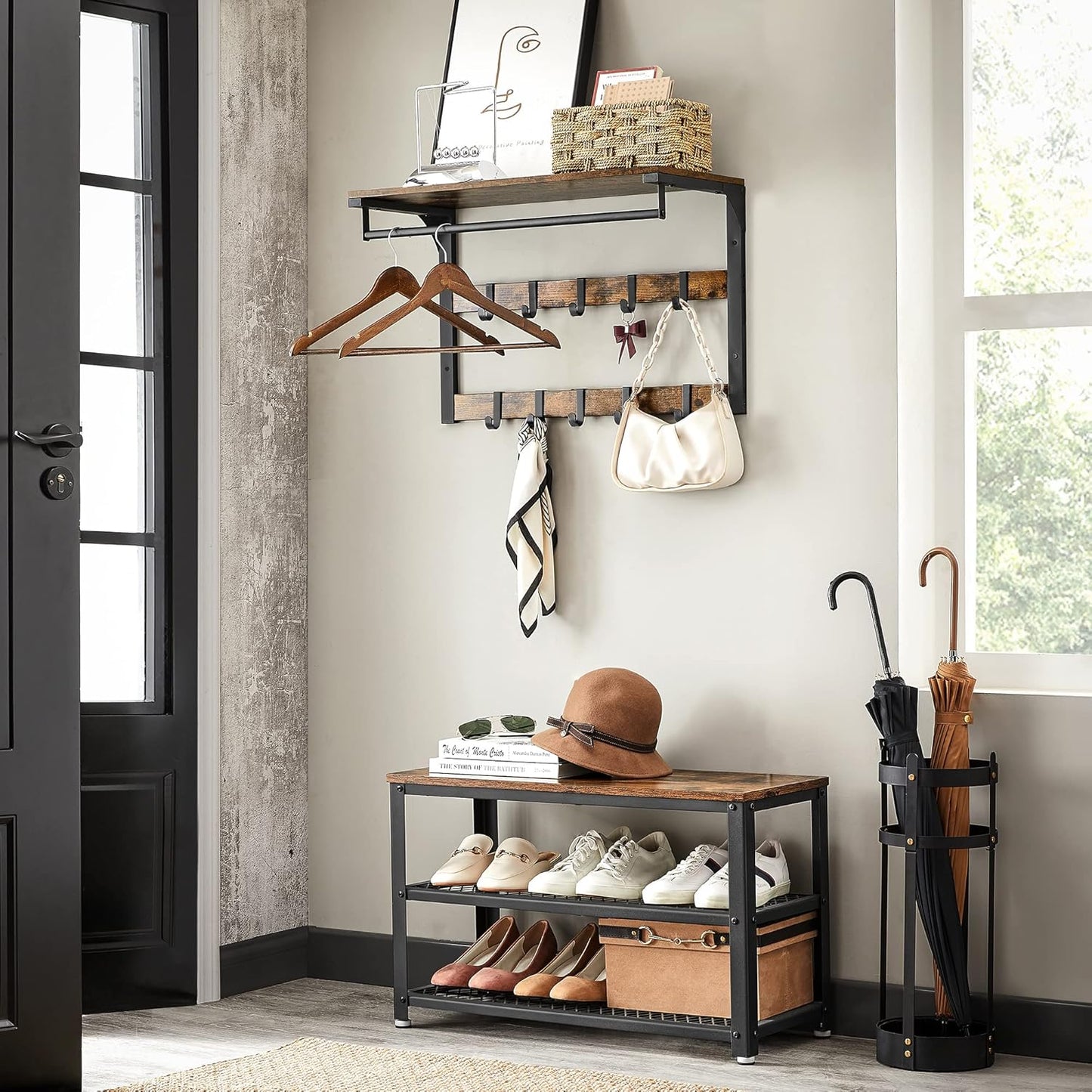 Wandgarderobe mit Schuhbank und Regal im Industrie-Design, 73B cm Vintagebraun + Schwarz
