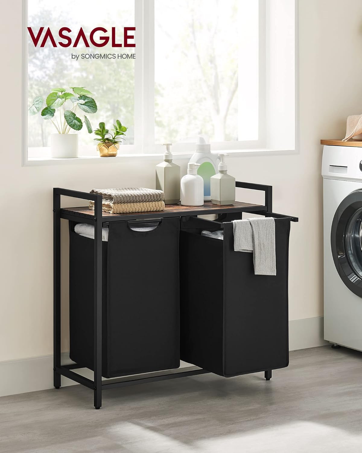 Wäschesammler mit Ablage und 2 Fächer, Tintenschwarz + Vintagebraun 92 L (2 Fächer)