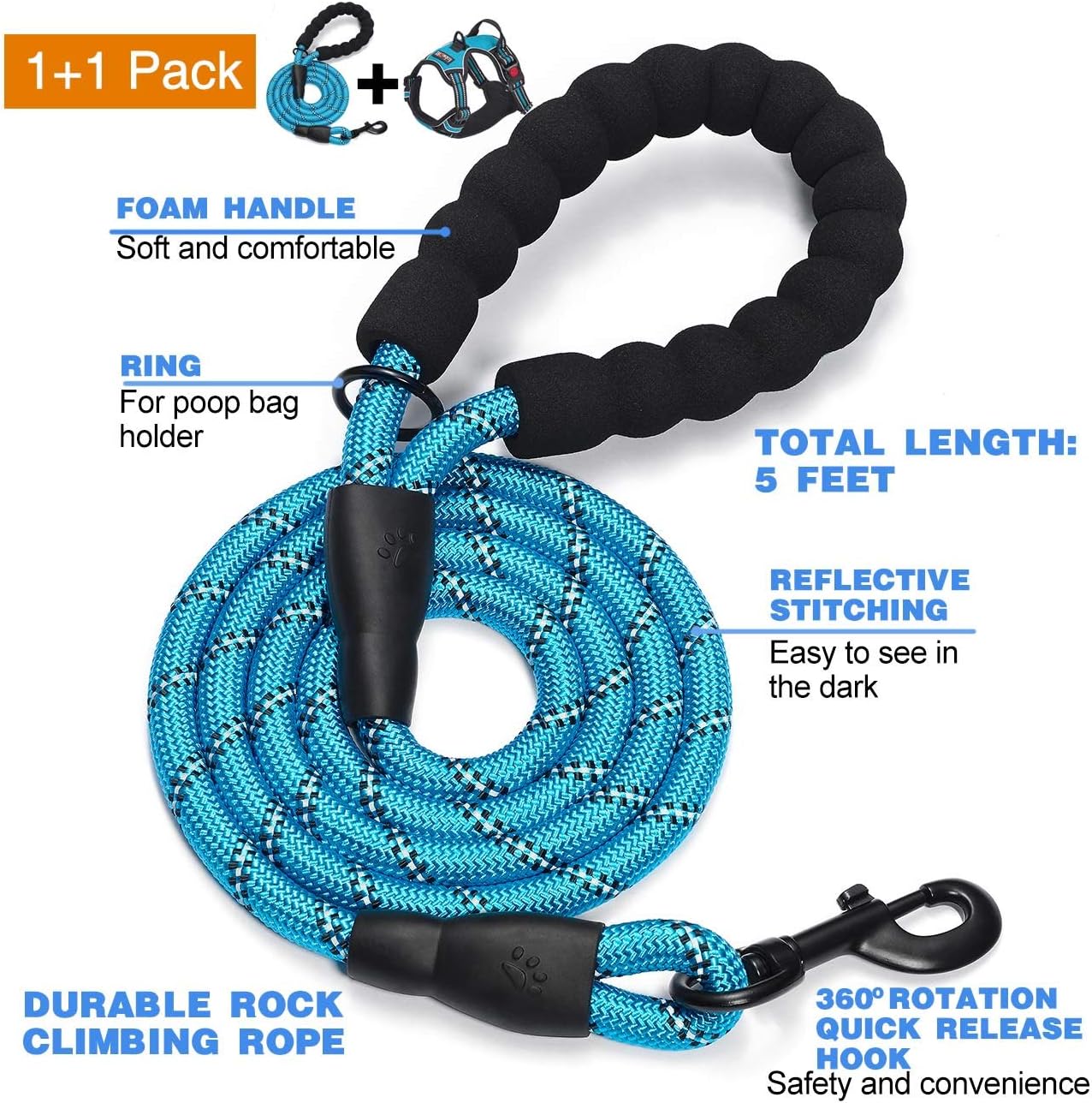 Hundegeschirr mit Leine, L (Chest: 25.5"-31") Blau Geschirr + Leine