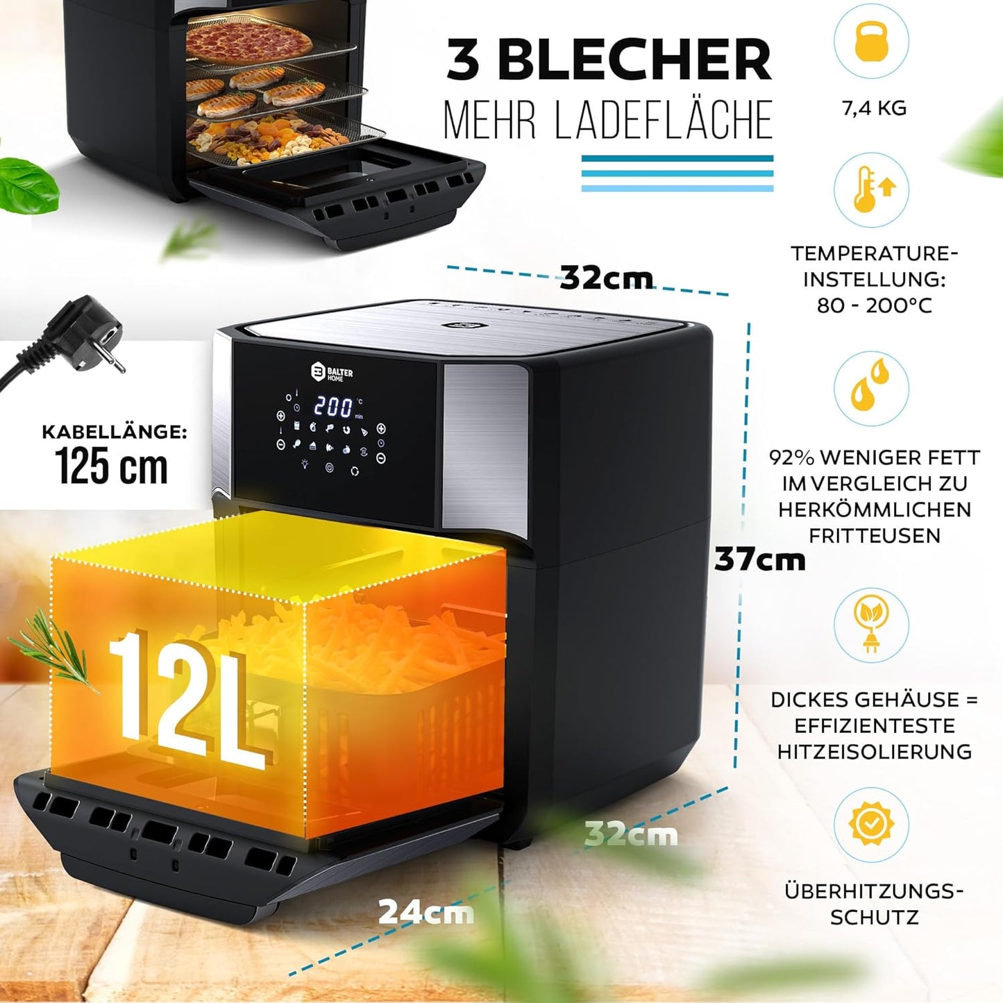 Heissluftfritteuse HL-1200-BL, 12 Liter|Schwarz