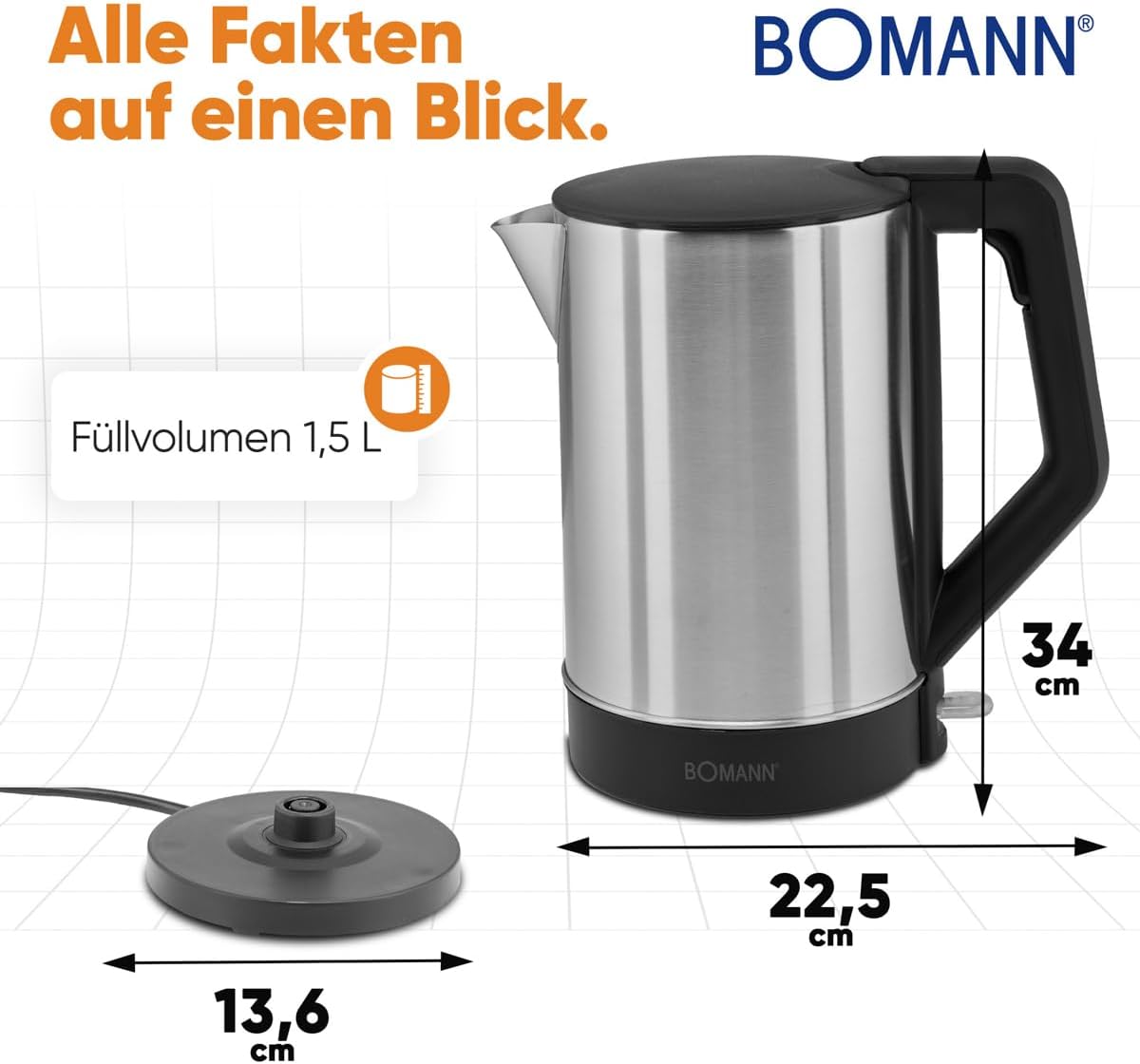 Edelstahl-Wasserkocher mit Einhandbedienung, Schwarz/Edelstahl