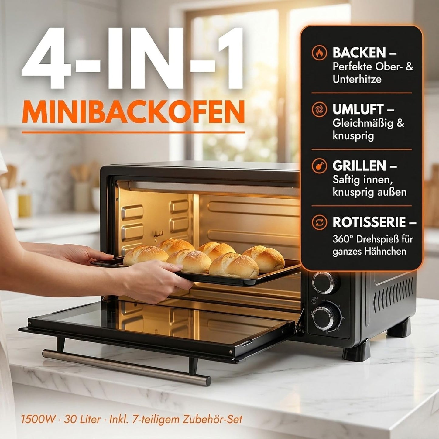 4-in-1 Minibackofen mit Umluft & Drehspiess, 30 Liter